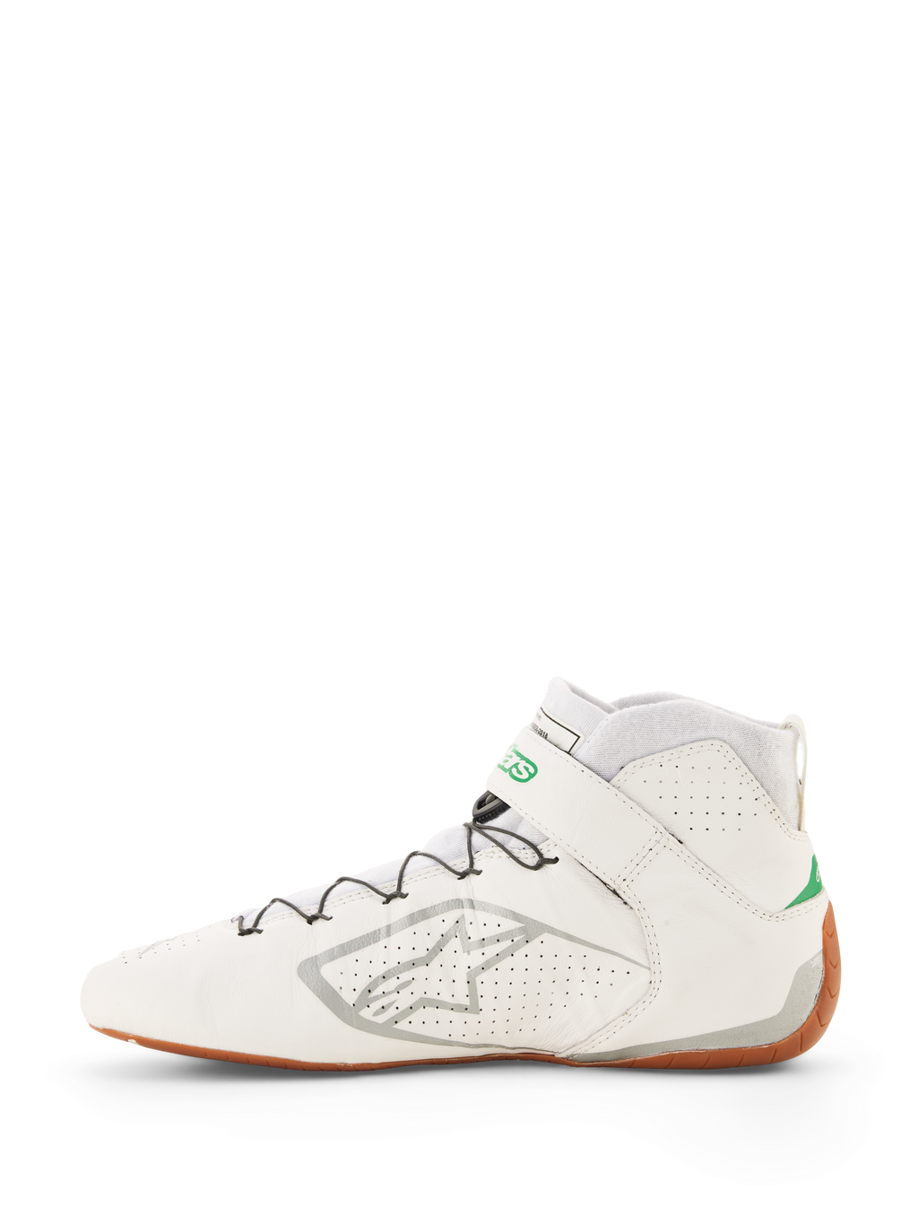 Alpinestars Tech-1 Z V3 Shoes FIA, białe buty wyścigowe z zielonymi i srebrnymi akcentami, miodowa podeszwa, wysoka konstrukcja z perforowanej skóry, system szybkiego sznurowania ze wsparciem drutem, srebrne logo Alpinestars z boku