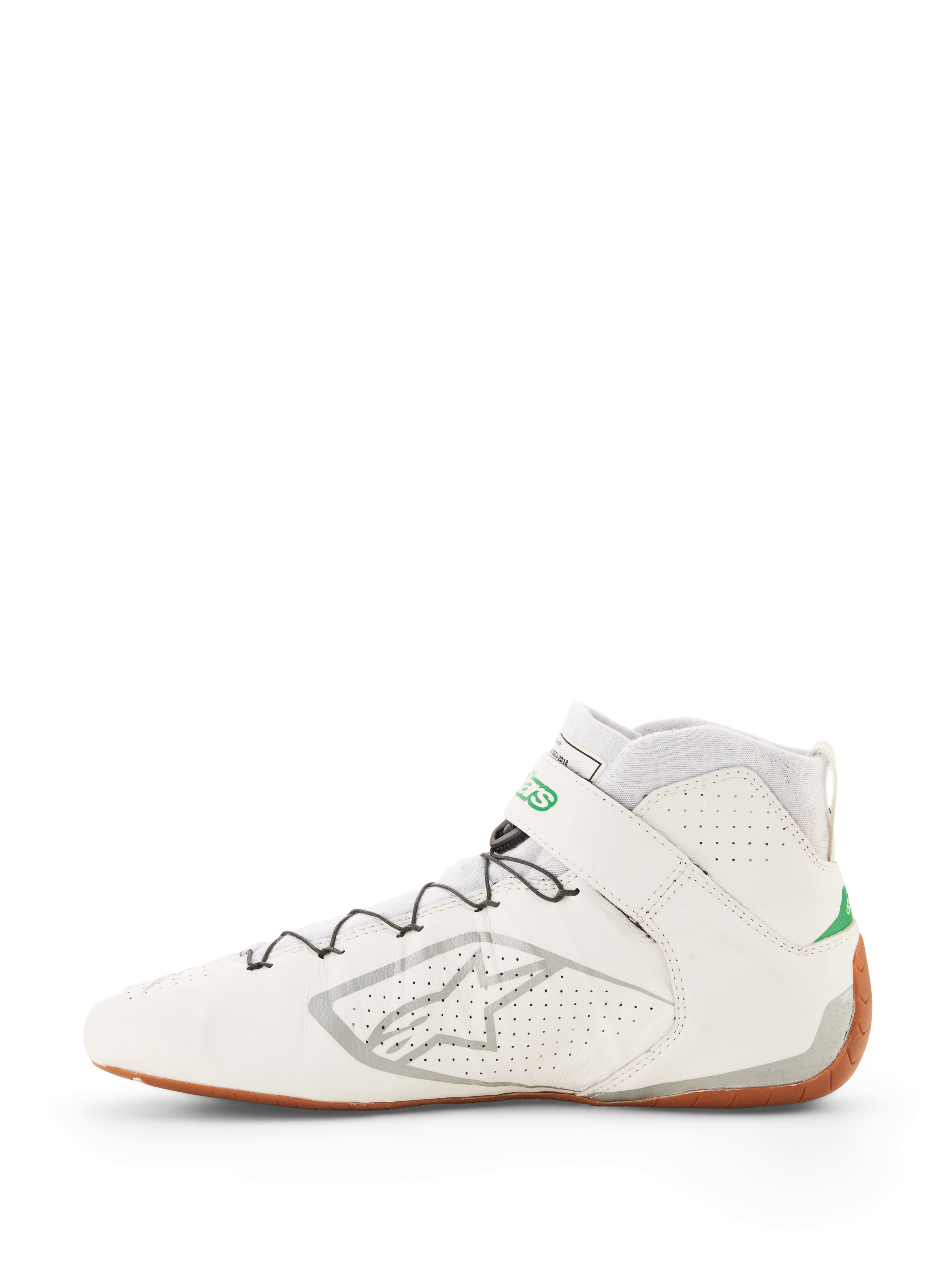 Alpinestars Tech-1 Z V3 Shoes FIA, białe buty wyścigowe z zielonymi i srebrnymi akcentami, miodowa podeszwa, wysoka konstrukcja z perforowanej skóry, system szybkiego sznurowania ze wsparciem drutem, srebrne logo Alpinestars z boku