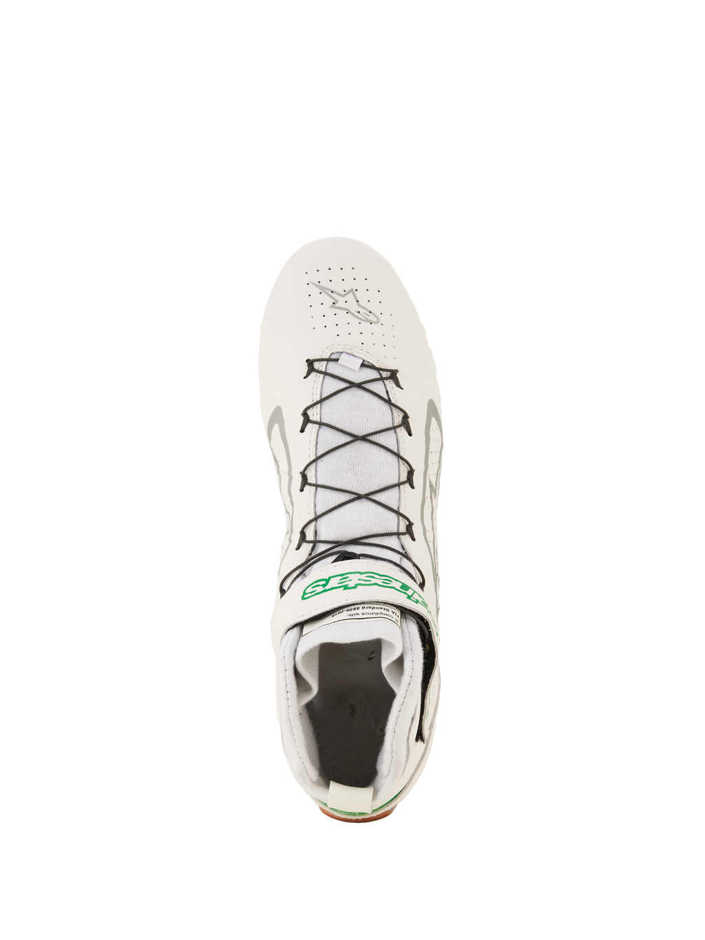 Alpinestars Tech-1 Z V3 Shoes FIA, profesjonalne buty wyścigowe, białe, zielone i srebrne, widok z góry przedstawiający czarny system szybkiego sznurowania ze wsparciem drutu, perforowaną skórzaną cholewkę i zielone logo Alpinestars na pasku