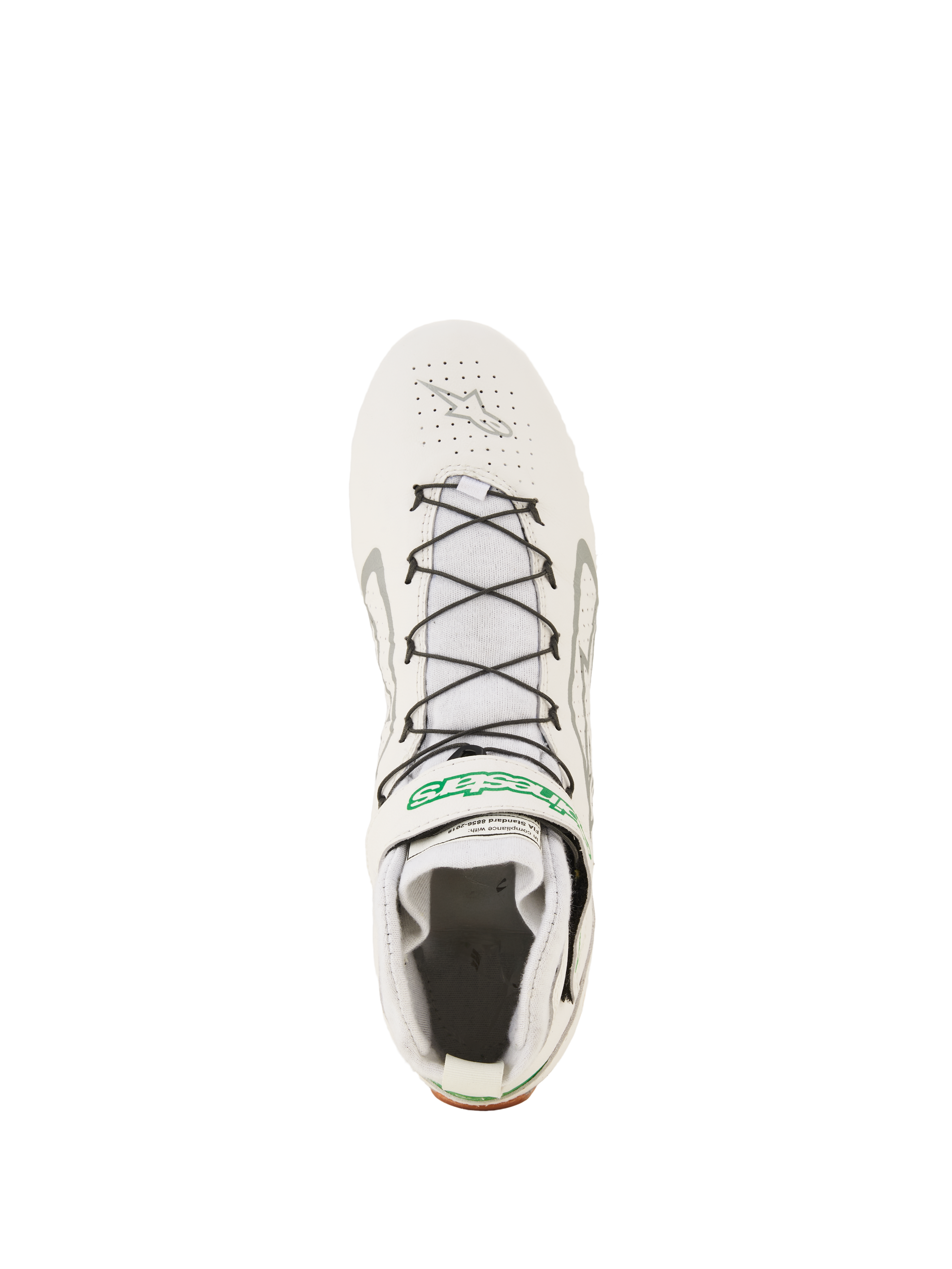 Alpinestars Tech-1 Z V3 Shoes FIA, profesjonalne buty wyścigowe, białe, zielone i srebrne, widok z góry przedstawiający czarny system szybkiego sznurowania ze wsparciem drutu, perforowaną skórzaną cholewkę i zielone logo Alpinestars na pasku