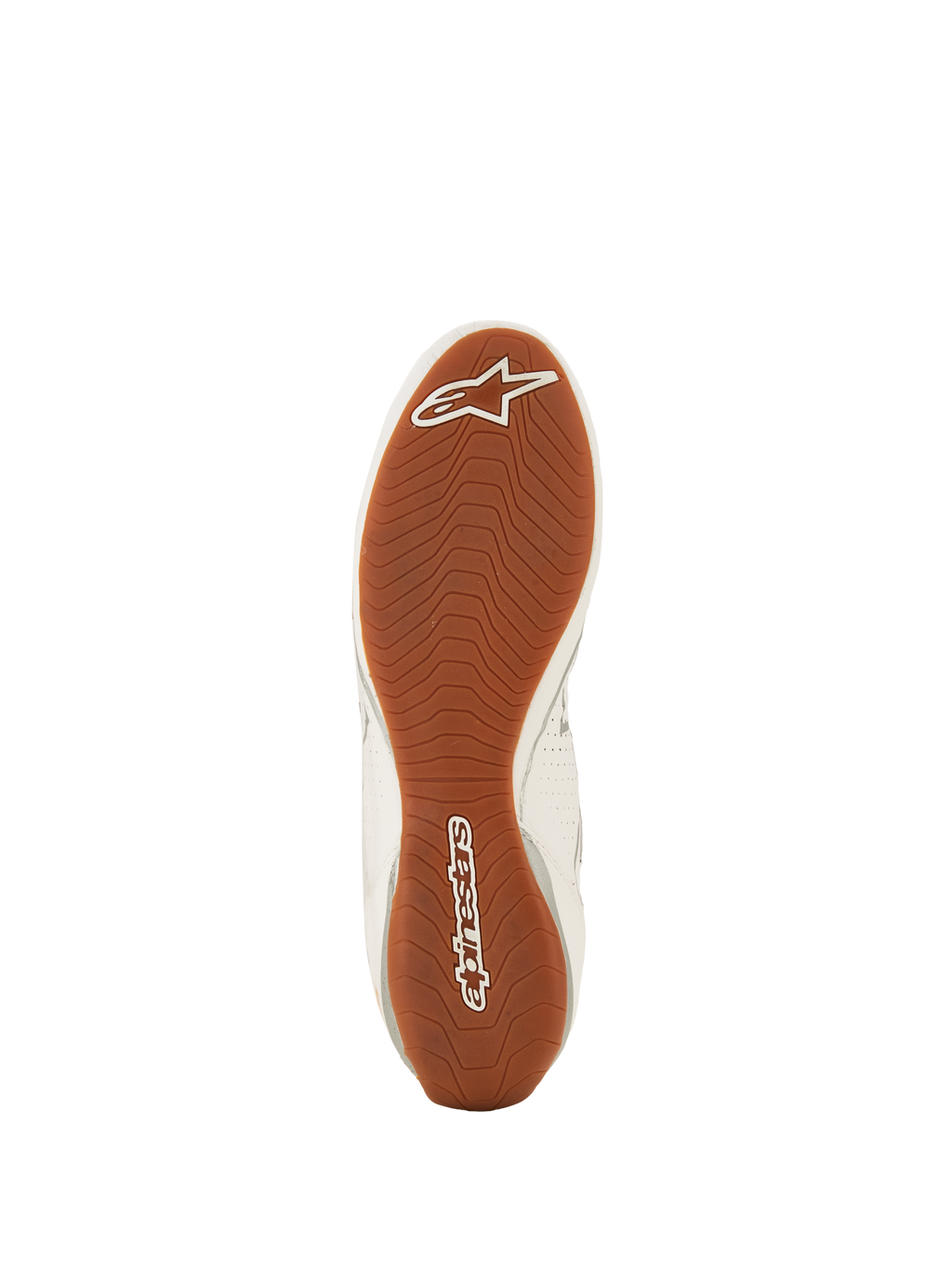 Alpinestars Tech-1 Z V3 Shoes FIA, buty wyścigowe, biało-zielono-srebrne z gumową podeszwą, widok od dołu teksturowanej gumowej podeszwy zewnętrznej, asymetryczny wzór bieżnika z białym logo Alpinestars na palcach i pięcie