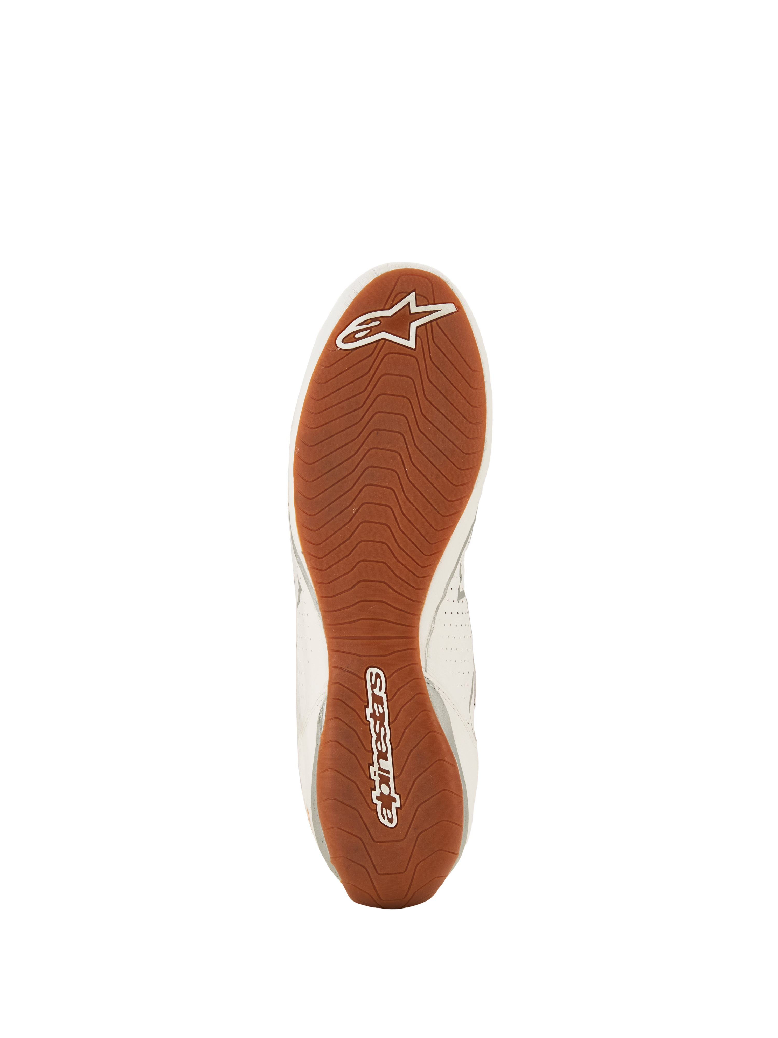 Alpinestars Tech-1 Z V3 Shoes FIA, buty wyścigowe, biało-zielono-srebrne z gumową podeszwą, widok od dołu teksturowanej gumowej podeszwy zewnętrznej, asymetryczny wzór bieżnika z białym logo Alpinestars na palcach i pięcie