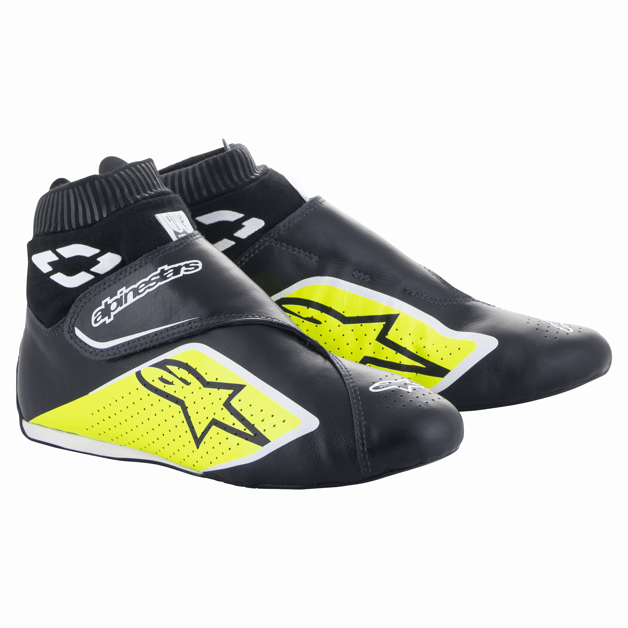 Alpinestars Supermono V2 Shoes FIA, Auto Racing Footwear, Black Yellow Fluo and White, ankle-high design with ribbed cuff, perforated one-piece leather construction with star logos, sleek aerodynamic profile for professional motorsport