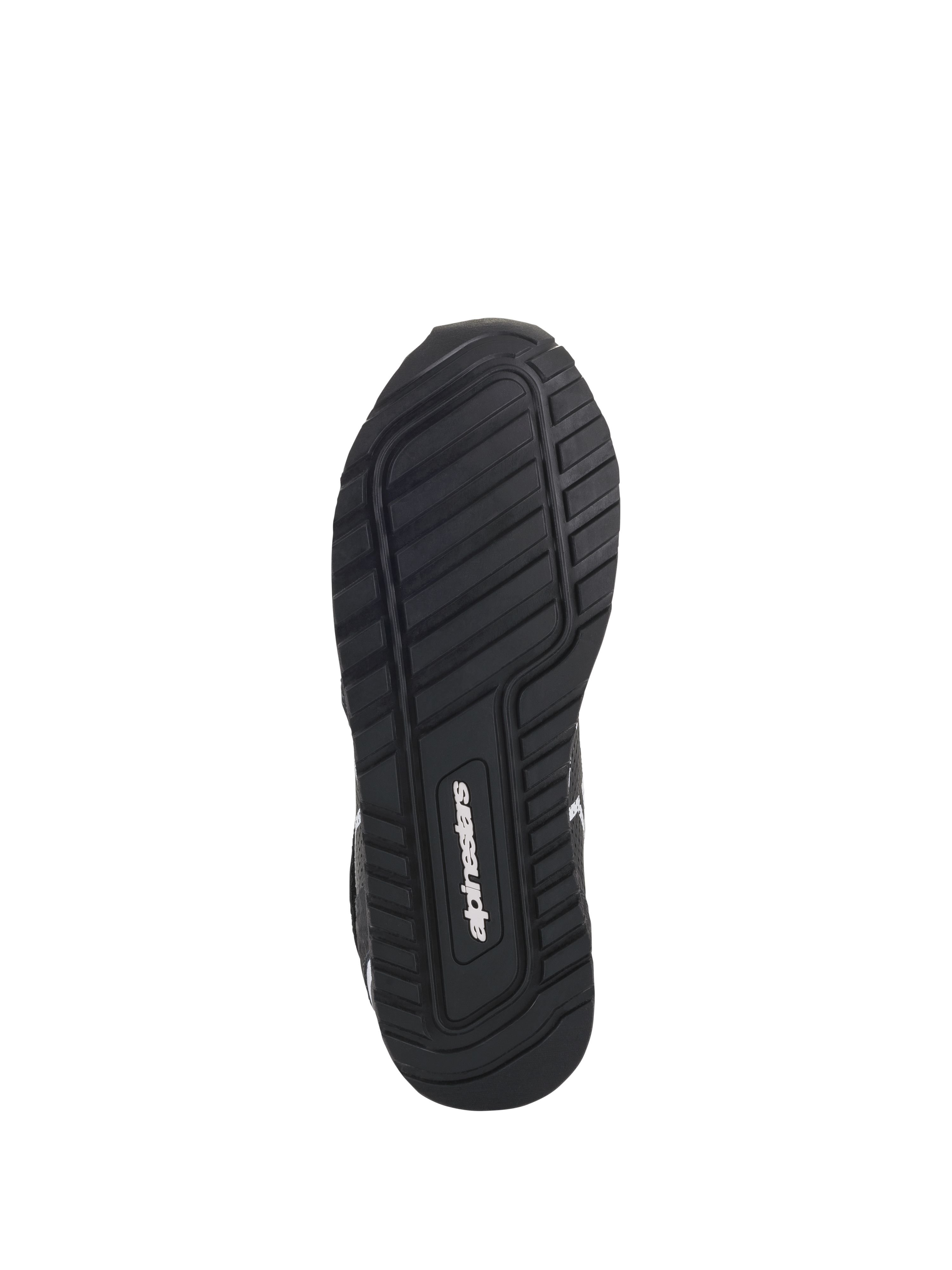 Buty Alpinestars Radar, czarno-białe, widok od dołu prezentujący ekskluzywną podeszwę z mieszanki gumy z teksturowanym wzorem bieżnika zapewniającym przyczepność i stabilność, z logo Alpinestars w centralnej części