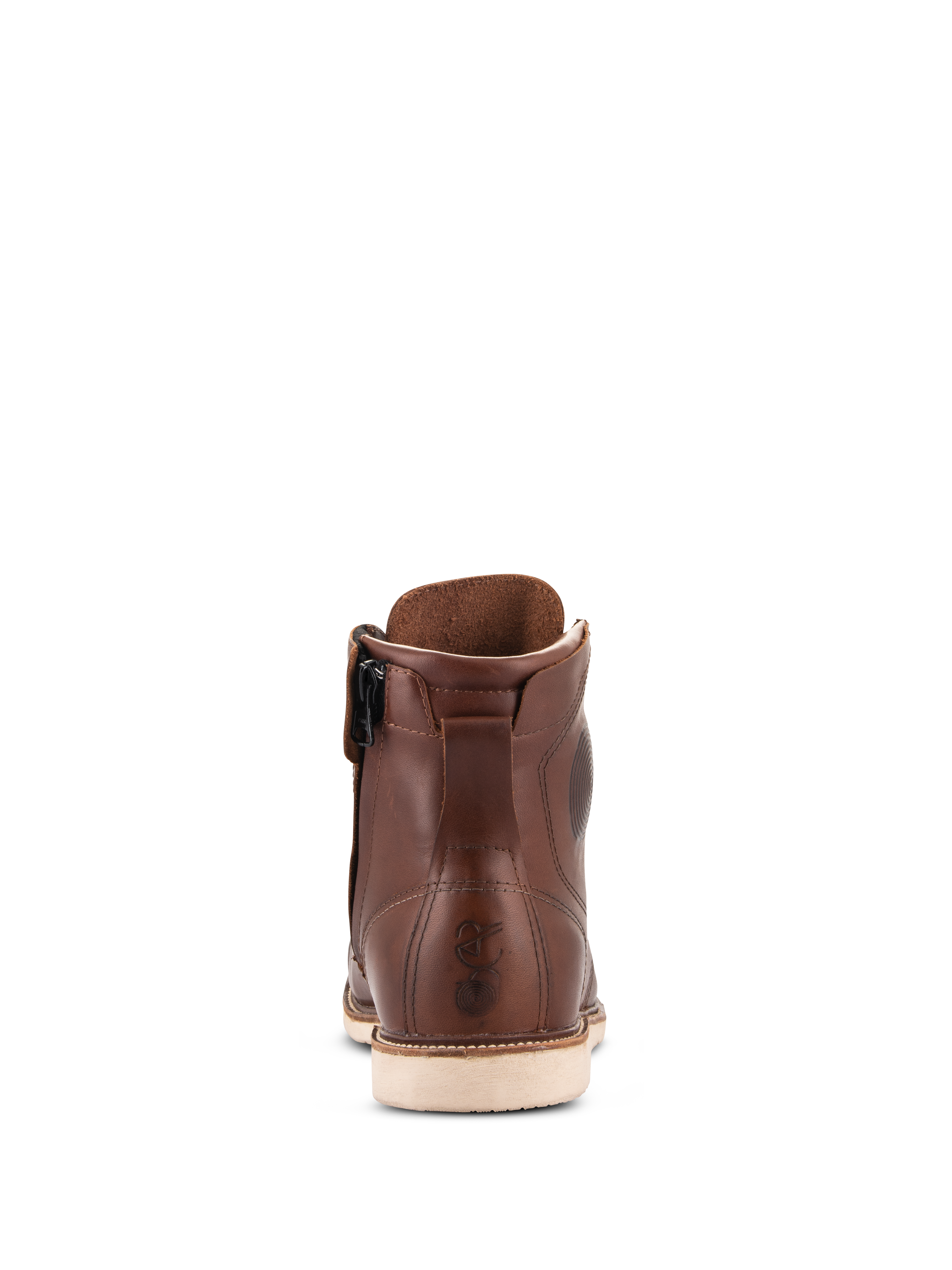 Alpinestars Oscar Monty V2 Shoes, Brown leather motorcycle riding shoe, rear view featuring white wedge outsole and medial side zipper, embossed Oscar logo on the heel, heritage-inspired urban footwear design