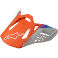 Alpinestars S-M8 Contact Helmet Visor, wymienny daszek do kasku motocrossowego, matowy pomarańczowy i szary z niebieskimi i fioletowymi akcentami, kanciasty design z wycięciami wentylacyjnymi, białe logo gwiazdy i napis Astars