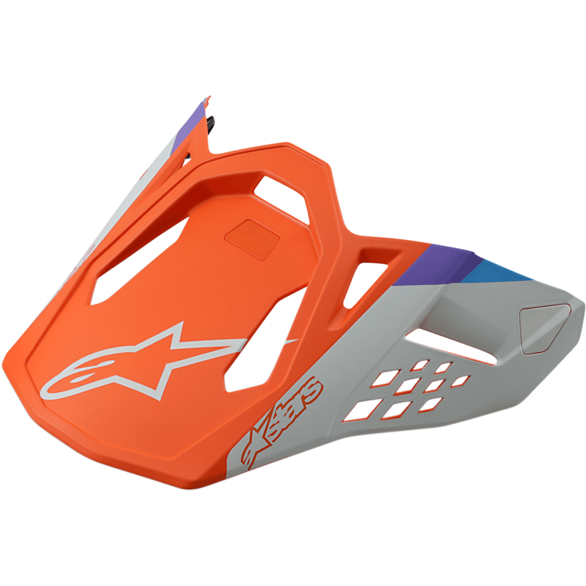 Alpinestars S-M8 Contact Helmet Visor, wymienny daszek do kasku motocrossowego, matowy pomarańczowy i szary z niebieskimi i fioletowymi akcentami, kanciasty design z wycięciami wentylacyjnymi, białe logo gwiazdy i napis Astars