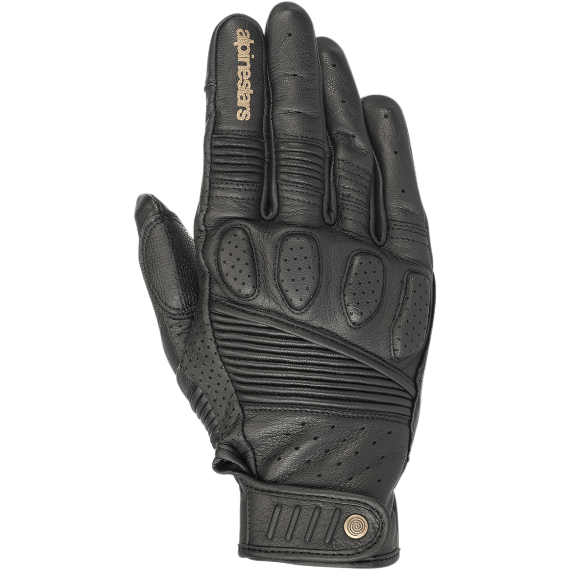 Alpinestars Crazy Eight Gloves, czarne skórzane rękawice motocyklowe, z harmonijkowymi panelami elastycznymi na palcach i wierzchu dłoni, perforowaną wyściółką kostek, beżowym logo Alpinestars na palcu wskazującym oraz regulowanym paskiem na rzep z okrągłym logo.