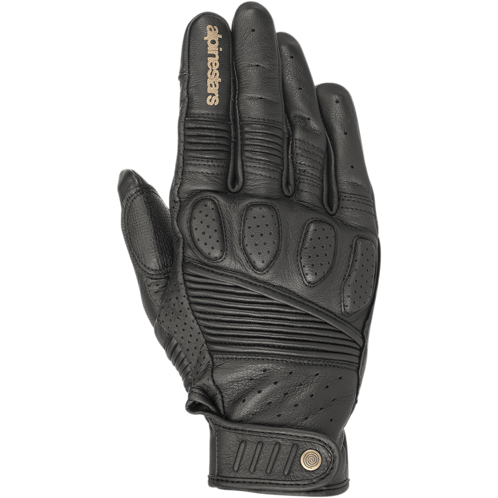 Alpinestars Crazy Eight Gloves, czarne skórzane rękawice motocyklowe, z harmonijkowymi panelami elastycznymi na palcach i wierzchu dłoni, perforowaną wyściółką kostek, beżowym logo Alpinestars na palcu wskazującym oraz regulowanym paskiem na rzep z okrągłym logo.