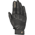 Alpinestars Crazy Eight Gloves, czarne skórzane rękawice motocyklowe, z harmonijkowymi panelami elastycznymi na palcach i wierzchu dłoni, perforowaną wyściółką kostek, beżowym logo Alpinestars na palcu wskazującym oraz regulowanym paskiem na rzep z okrągłym logo.