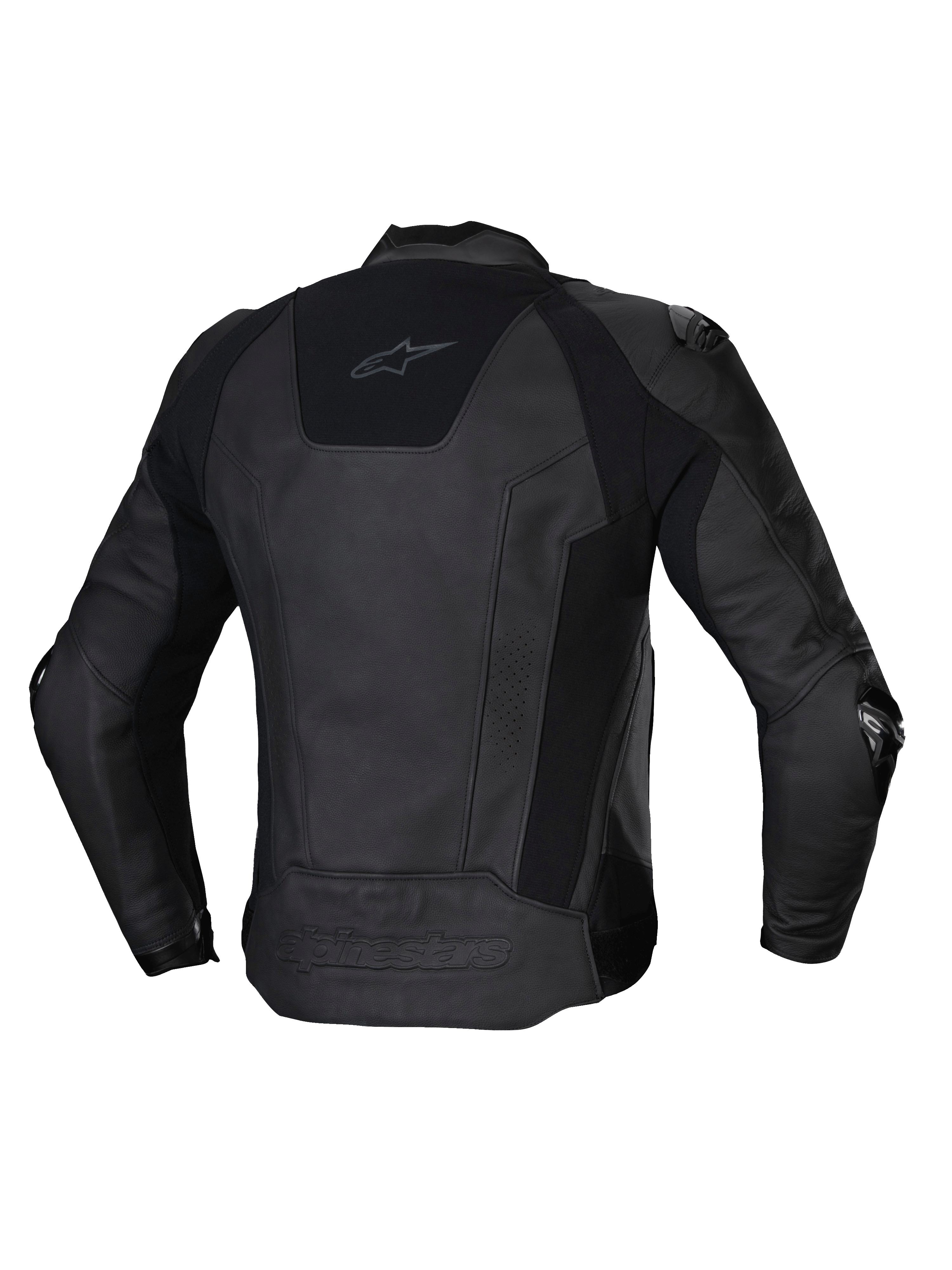 Kurtka skórzana Alpinestars Missile V3, męska kurtka motocyklowa wyścigowa, widok z tyłu, czarna, wysokiej jakości skóra bydlęca z panelami stretch i certyfikowaną ochroną CE