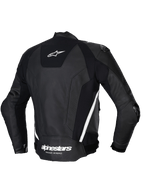 Alpinestars Missile V3 Leather Jacket, męska sportowa kurtka motocyklowa, widok z tyłu w kolorze czarnym i białym, z wysokiej jakości skóry bydlęcej, panelami stretch i zewnętrzną ochroną ramion