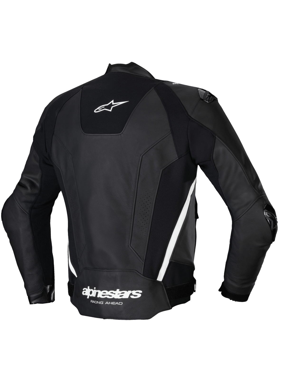 Alpinestars Missile V3 Leather Jacket, męska sportowa kurtka motocyklowa, widok z tyłu w kolorze czarnym i białym, z wysokiej jakości skóry bydlęcej, panelami stretch i zewnętrzną ochroną ramion