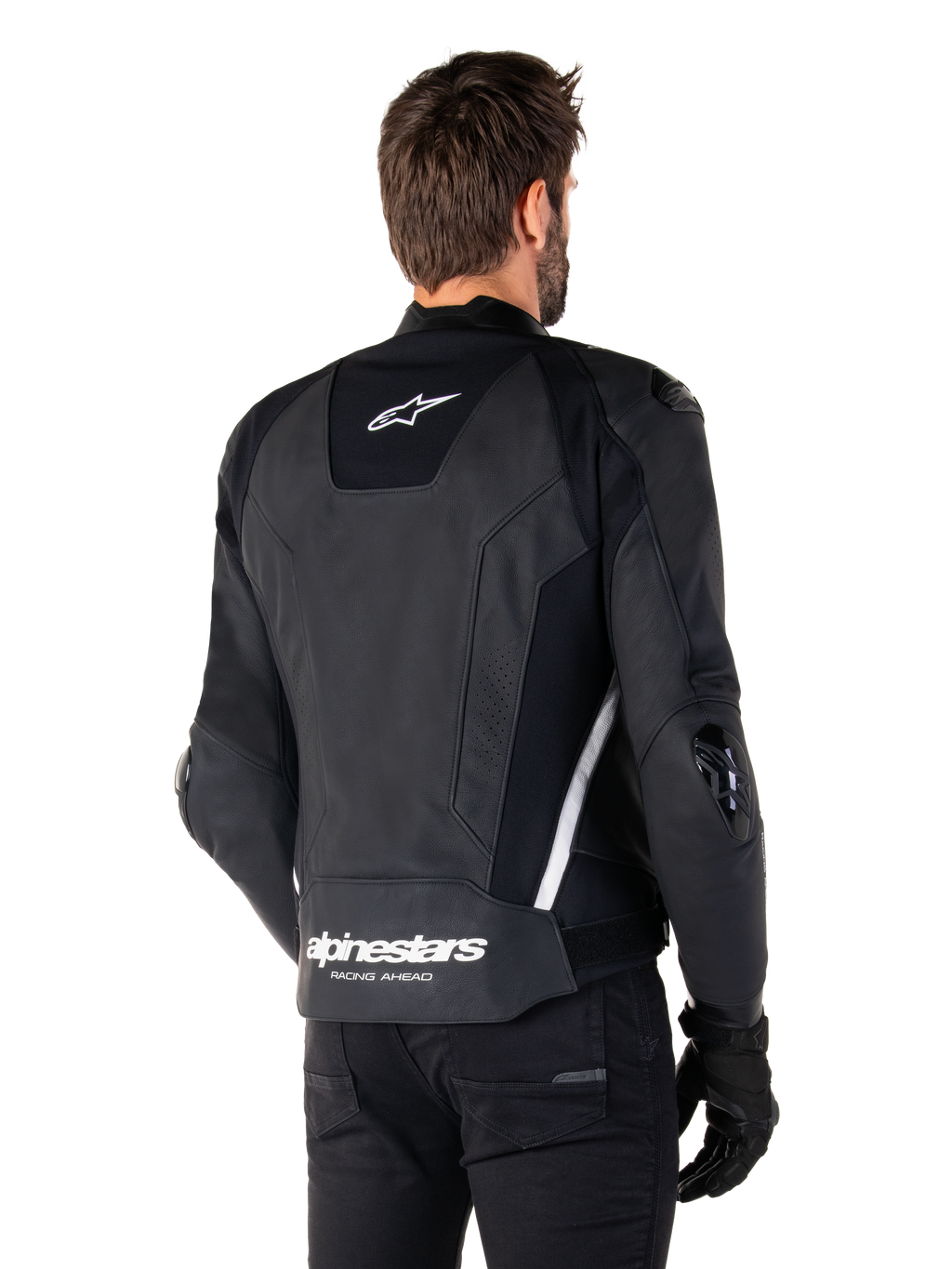 Alpinestars Missile V3 Leather Jacket, Rear view, Black and White, featuring the Alpinestars star logo on the upper back and wordmark on the lower back, protective sliders on elbows and shoulders, premium leather racing gear