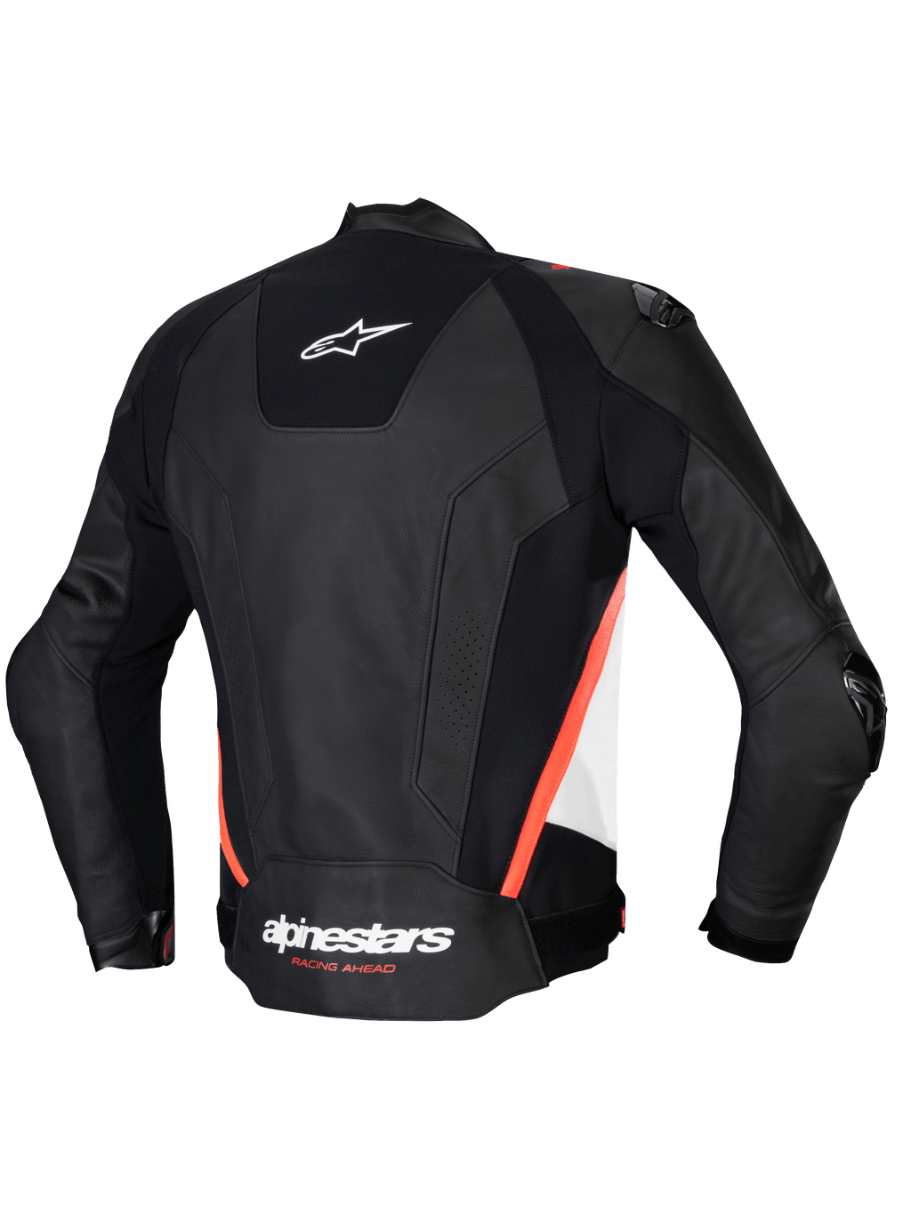 Alpinestars Missile V3 Skórzana Kurtka, męska kurtka motocyklowa wyścigowa, tył, czarna, biała i czerwona fluo, wysokiej jakości skóra bydlęca, certyfikat CE