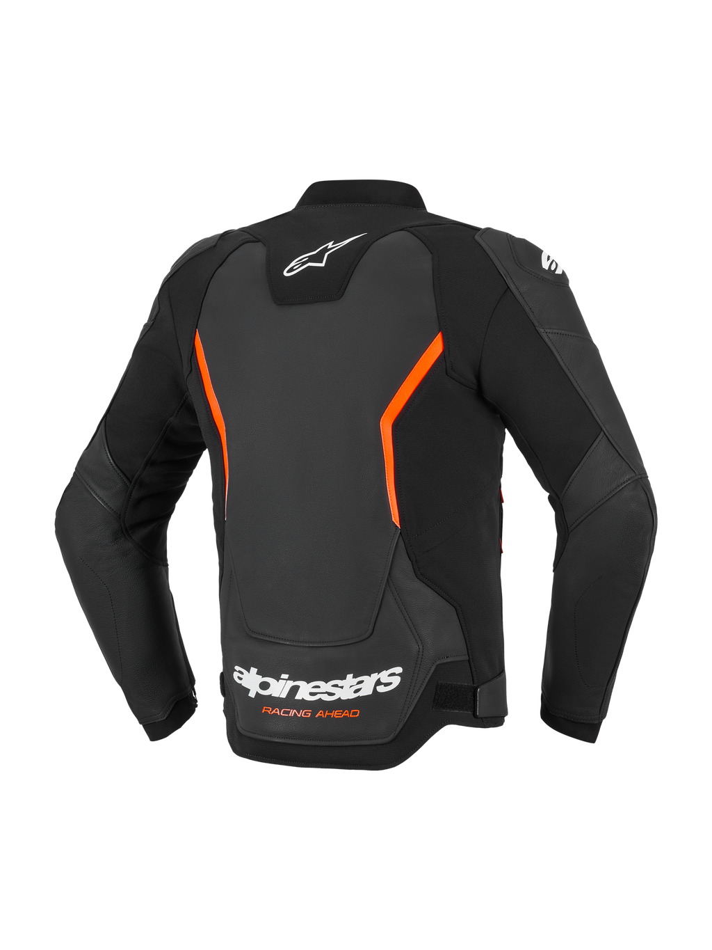 Skórzana kurtka Alpinestars GP Force V2, skórzana kurtka motocyklowa, czarno-czerwona fluo, widok z tyłu z białymi logo Alpinestars i pomarańczowym napisem Racing Ahead, kanciaste akcenty fluo, wielopanelowa konstrukcja z wyprofilowanymi rękawami