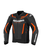 Alpinestars GP Force V2 Leather Jacket, sportowa kurtka motocyklowa, czarna z neonowymi czerwonymi i pomarańczowymi akcentami, białe logo Alpinestars, profesjonalna skórzana konstrukcja o sportowym kroju