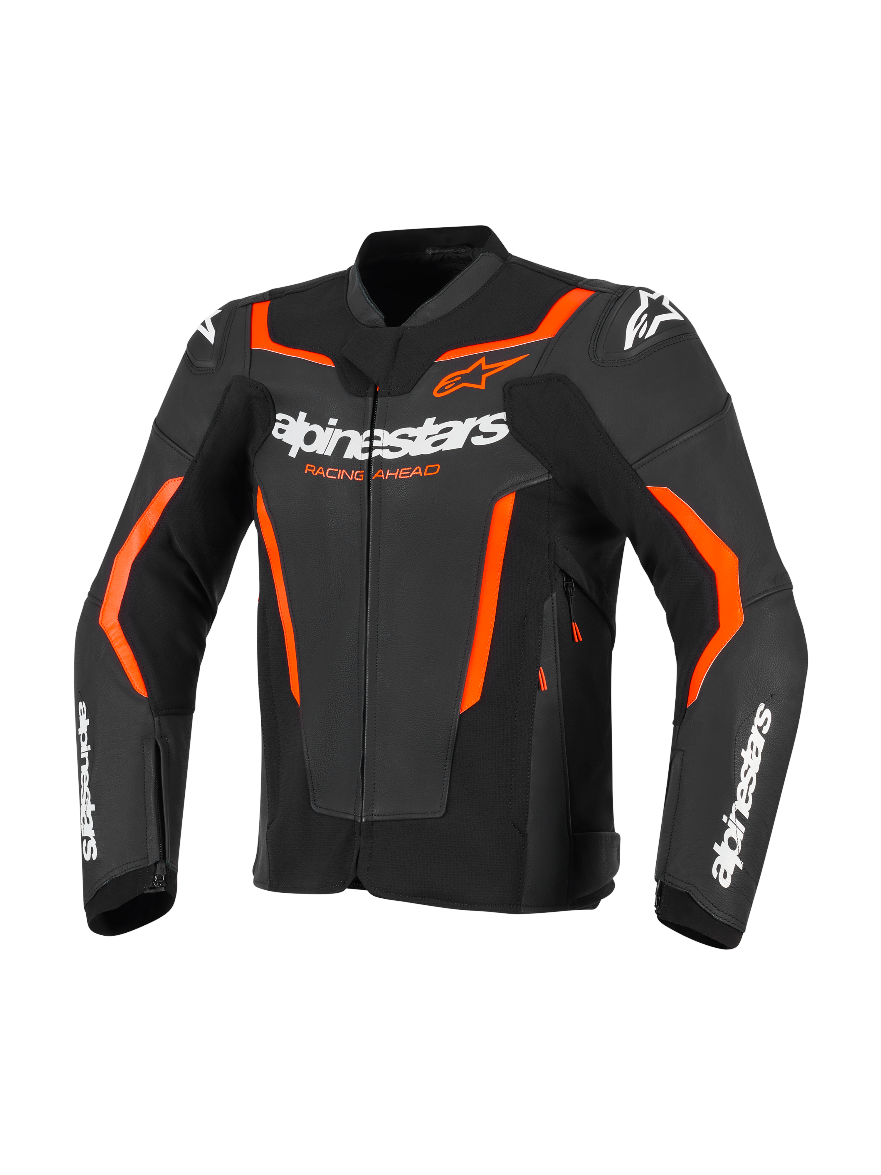 Alpinestars GP Force V2 Leather Jacket, sportowa kurtka motocyklowa, czarna z neonowymi czerwonymi i pomarańczowymi akcentami, białe logo Alpinestars, profesjonalna skórzana konstrukcja o sportowym kroju