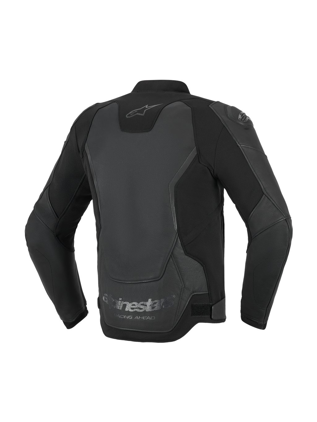 Alpinestars GP Force V2 Leather Jacket, kurtka motocyklowa, czarna, widok z tyłu prezentujący wielopanelową konstrukcję ze skóry i materiałów tekstylnych, logo Alpinestars na karku oraz napis „Racing Ahead” na dolnej krawędzi.