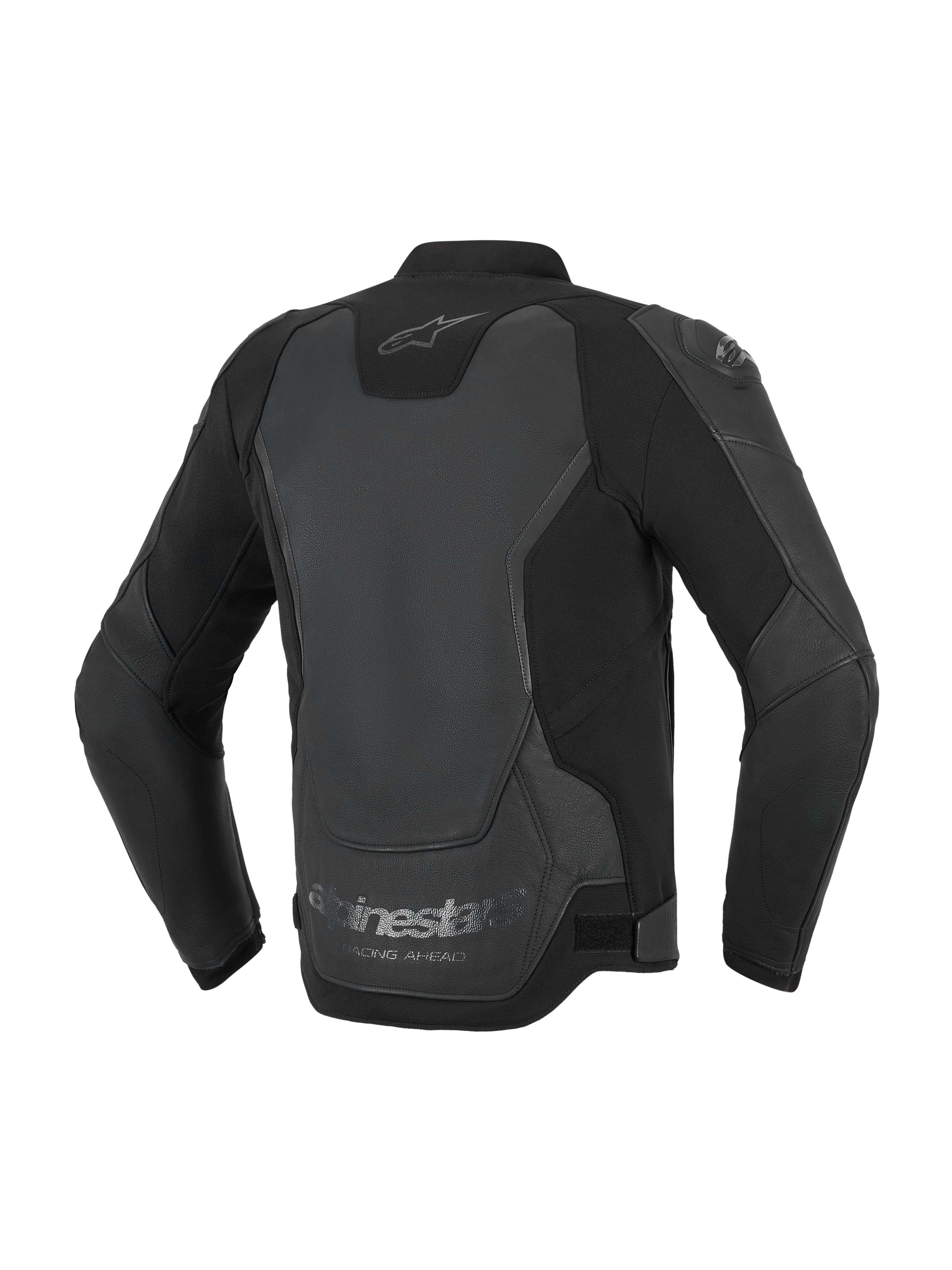 Alpinestars GP Force V2 Leather Jacket, kurtka motocyklowa, czarna, widok z tyłu prezentujący wielopanelową konstrukcję ze skóry i materiałów tekstylnych, logo Alpinestars na karku oraz napis „Racing Ahead” na dolnej krawędzi.