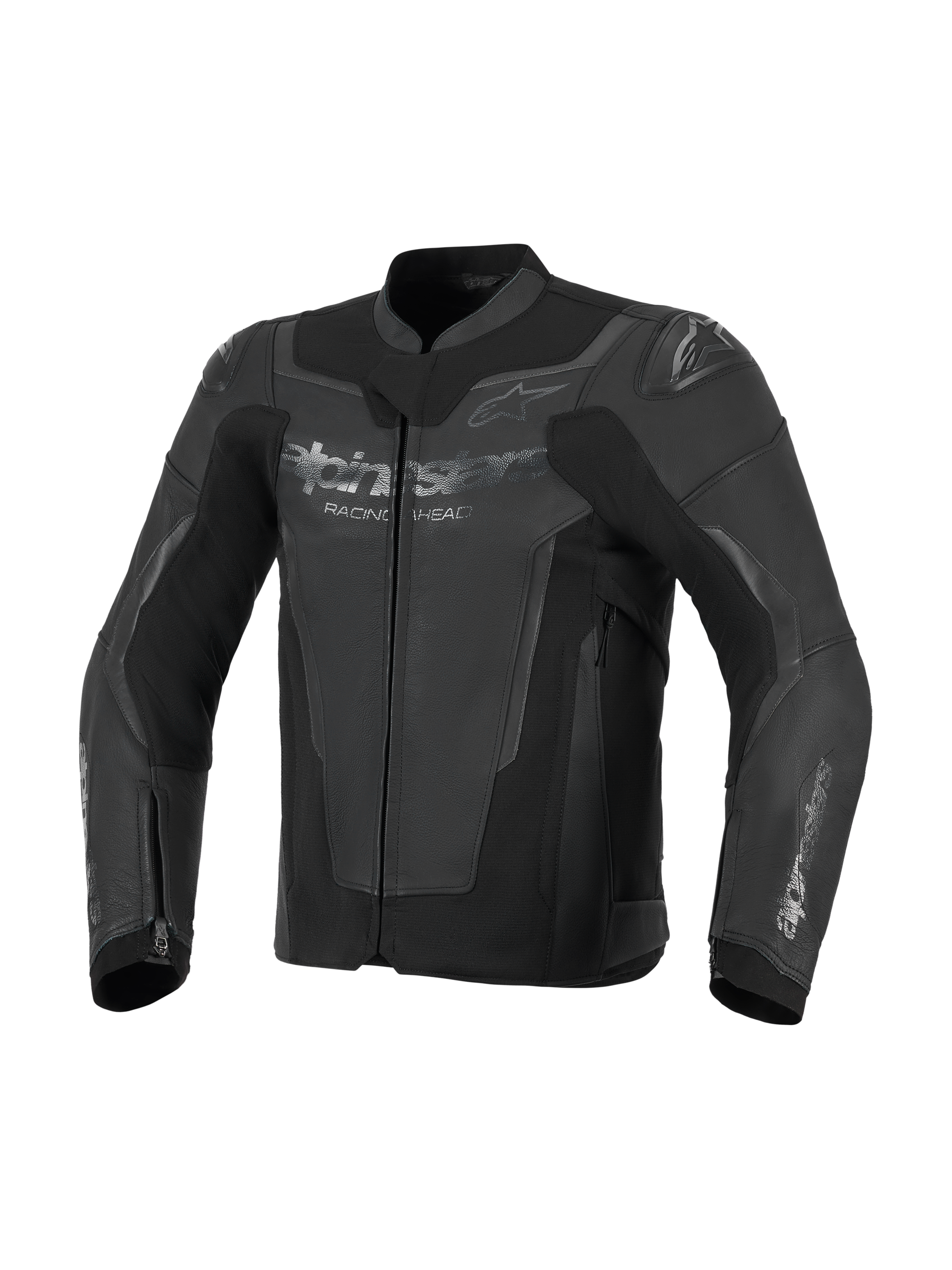 Alpinestars GP Force V2 Leather Jacket, czarna, konstrukcja z najwyższej jakości skóry bydlęcej z panelami o wysokiej rozciągliwości, zintegrowane ochraniacze ramion GP Lite Evo DFS, logo Alpinestars na klatce piersiowej i rękawach, sportowa odzież motocyklowa