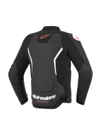 Alpinestars GP Force V2 Leather Jacket, Black with white and red accents, rear view showing red Astar logo on upper back and white Alpinestars branding on lower back, sport-fit leather motorcycle jacket with accordion stretch panels.