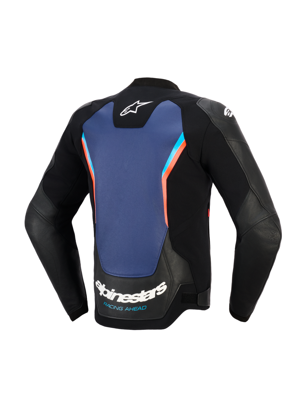 Alpinestars GP Force V2 Leather Jacket, widok od tyłu, czarna skóra z dużym niebieskim panelem środkowym i jaskrawoczerwonymi akcentami, logo Alpinestars i napis „RACING AHEAD” na dole pleców, sportowa odzież motocyklowa
