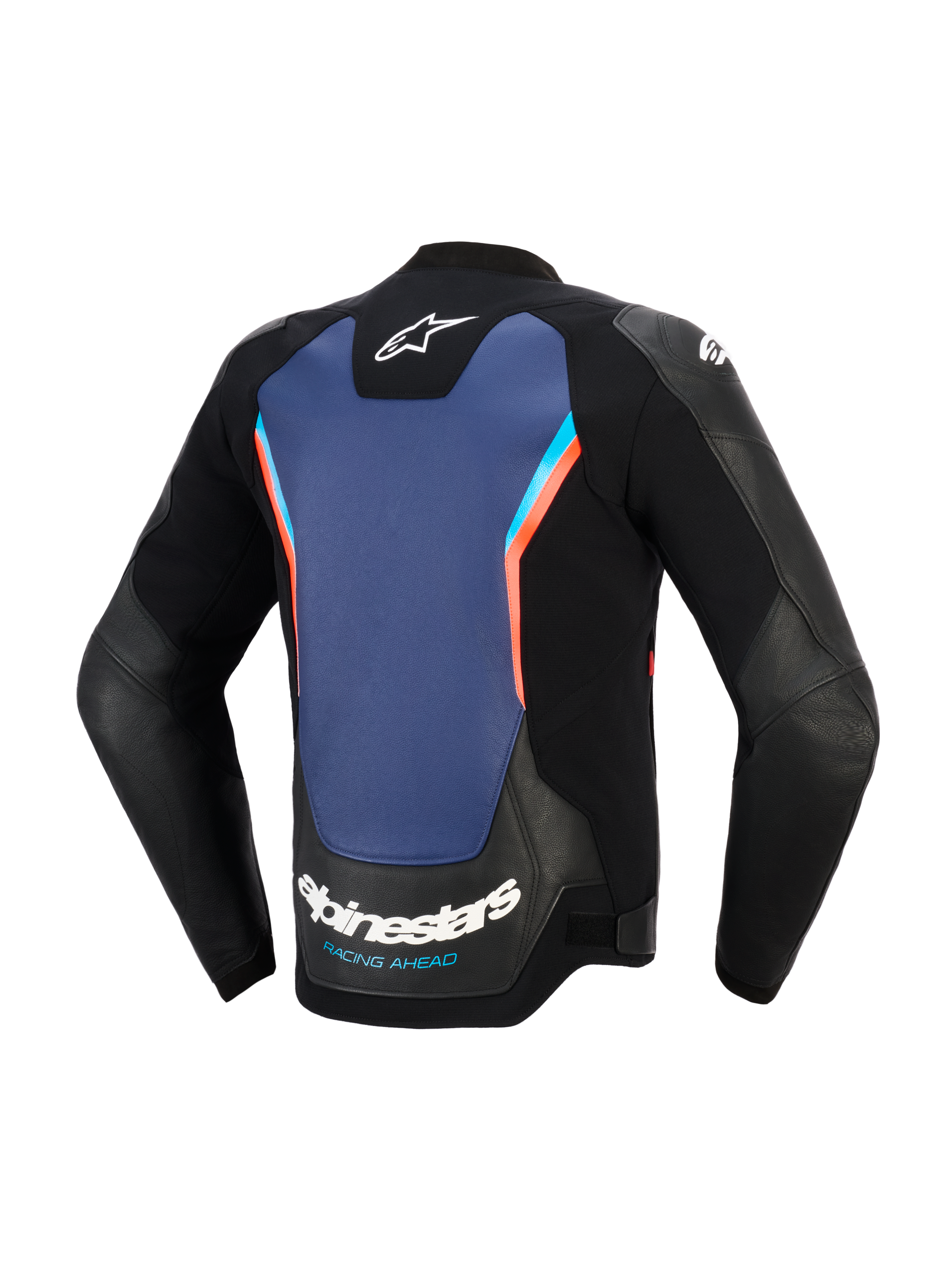 Alpinestars GP Force V2 Leather Jacket, widok od tyłu, czarna skóra z dużym niebieskim panelem środkowym i jaskrawoczerwonymi akcentami, logo Alpinestars i napis „RACING AHEAD” na dole pleców, sportowa odzież motocyklowa