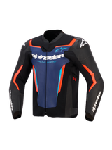 Alpinestars GP Force V2 Leather Jacket, Black Blue and Red Fluo, Front view featuring a blue chest panel with white 'Alpinestars' and 'Racing Ahead' branding, neon orange-red accents, and white logos on the shoulders and sleeves, designed for sport motorcycle riding.