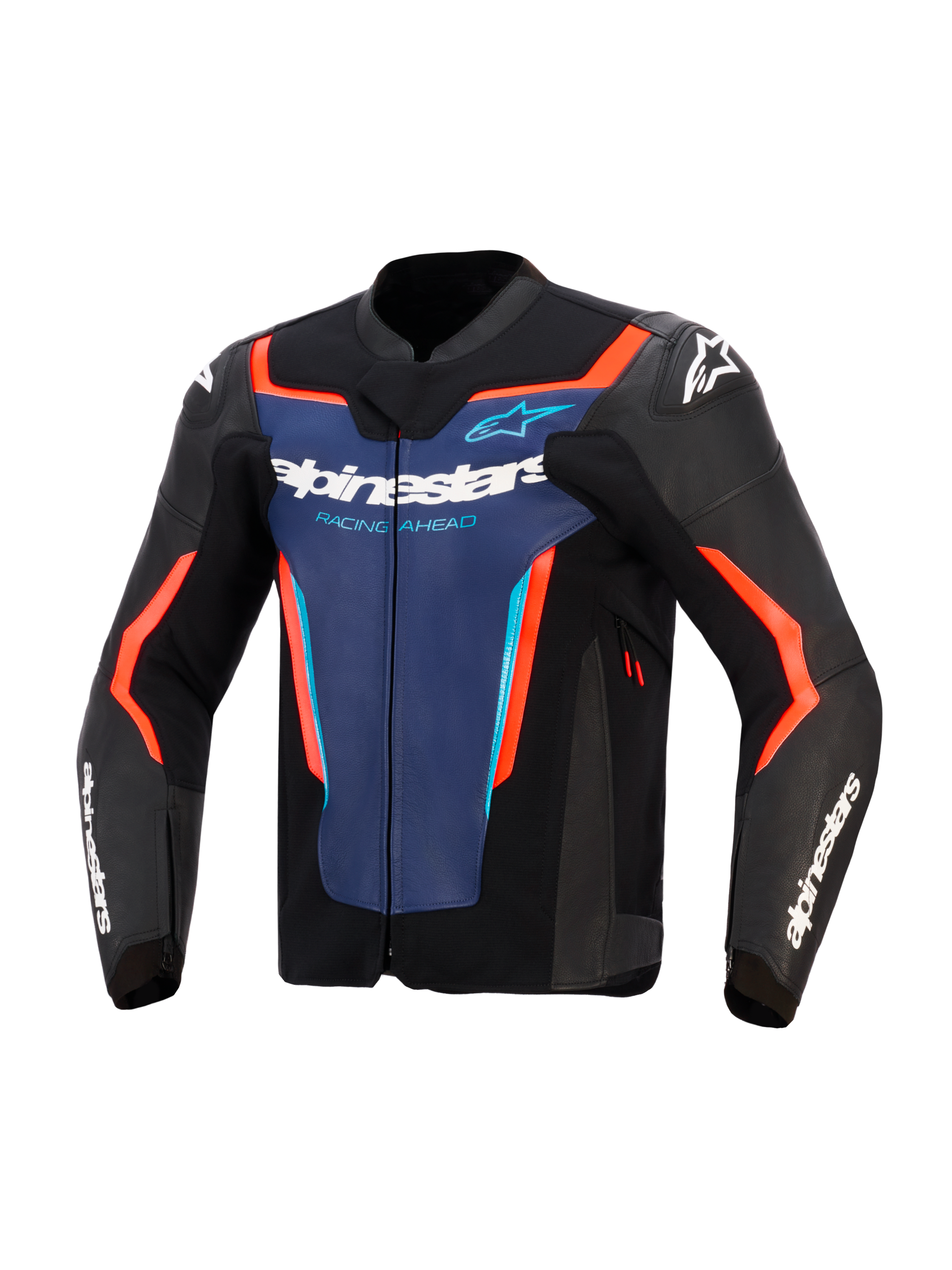 Alpinestars GP Force V2 Leather Jacket, Black Blue and Red Fluo, Front view featuring a blue chest panel with white 'Alpinestars' and 'Racing Ahead' branding, neon orange-red accents, and white logos on the shoulders and sleeves, designed for sport motorcycle riding.