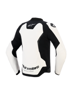 Alpinestars GP Force V2 Leather Jacket, Rear View, White and Black, features a large white back panel with a black Alpinestars logo at the top and "RACING AHEAD" text on the lower back, sport-optimized leather motorcycle jacket with stretch inserts and protective shoulder shields.