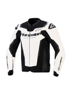 Alpinestars GP Force V2 Leather Jacket, Sport Motorcycle Jacket, White and Black, featuring Alpinestars branding and "Racing Ahead" text on the chest, multi-panel leather construction with padded shoulders and sleek racing profile