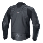 Alpinestars GP Plus R V4 Rideknit Leather Jacket, czarna, widok z tyłu ukazujący techniczną konstrukcję skórzaną, elastyczne panele RIDEKNIT oraz logo Alpinestars w dolnej części pleców.