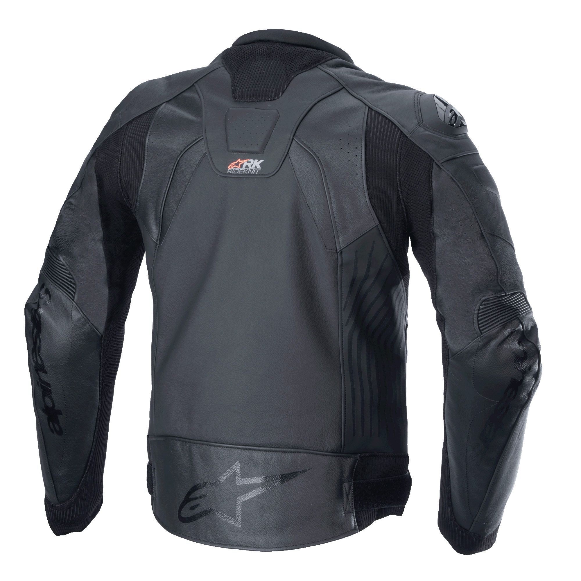 Alpinestars GP Plus R V4 Rideknit Leather Jacket, czarna, widok z tyłu ukazujący techniczną konstrukcję skórzaną, elastyczne panele RIDEKNIT oraz logo Alpinestars w dolnej części pleców.