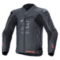 Alpinestars GP Plus R V4 Rideknit, skórzana kurtka motocyklowa, czarna, profesjonalna kurtka wyścigowa, logo gwiazdy w dopasowanym odcieniu na klatce piersiowej, czerwone akcenty Rideknit na mankietach i dolnej krawędzi, perforowane panele wentylacyjne, slidery ramion DFS, konstrukcja ze skóry premium ze zintegrowaną technologią RIDEKNIT
