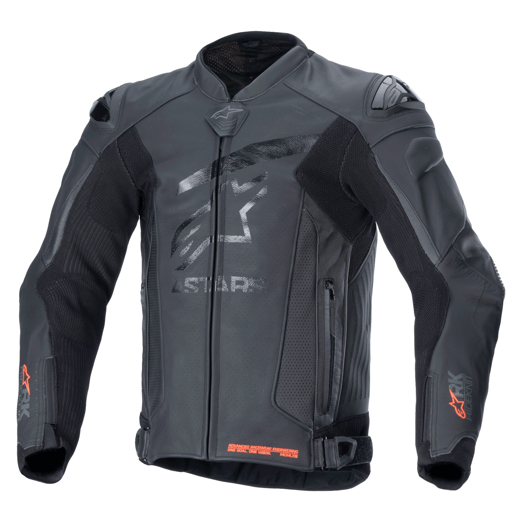 Alpinestars GP Plus R V4 Rideknit, skórzana kurtka motocyklowa, czarna, profesjonalna kurtka wyścigowa, logo gwiazdy w dopasowanym odcieniu na klatce piersiowej, czerwone akcenty Rideknit na mankietach i dolnej krawędzi, perforowane panele wentylacyjne, slidery ramion DFS, konstrukcja ze skóry premium ze zintegrowaną technologią RIDEKNIT