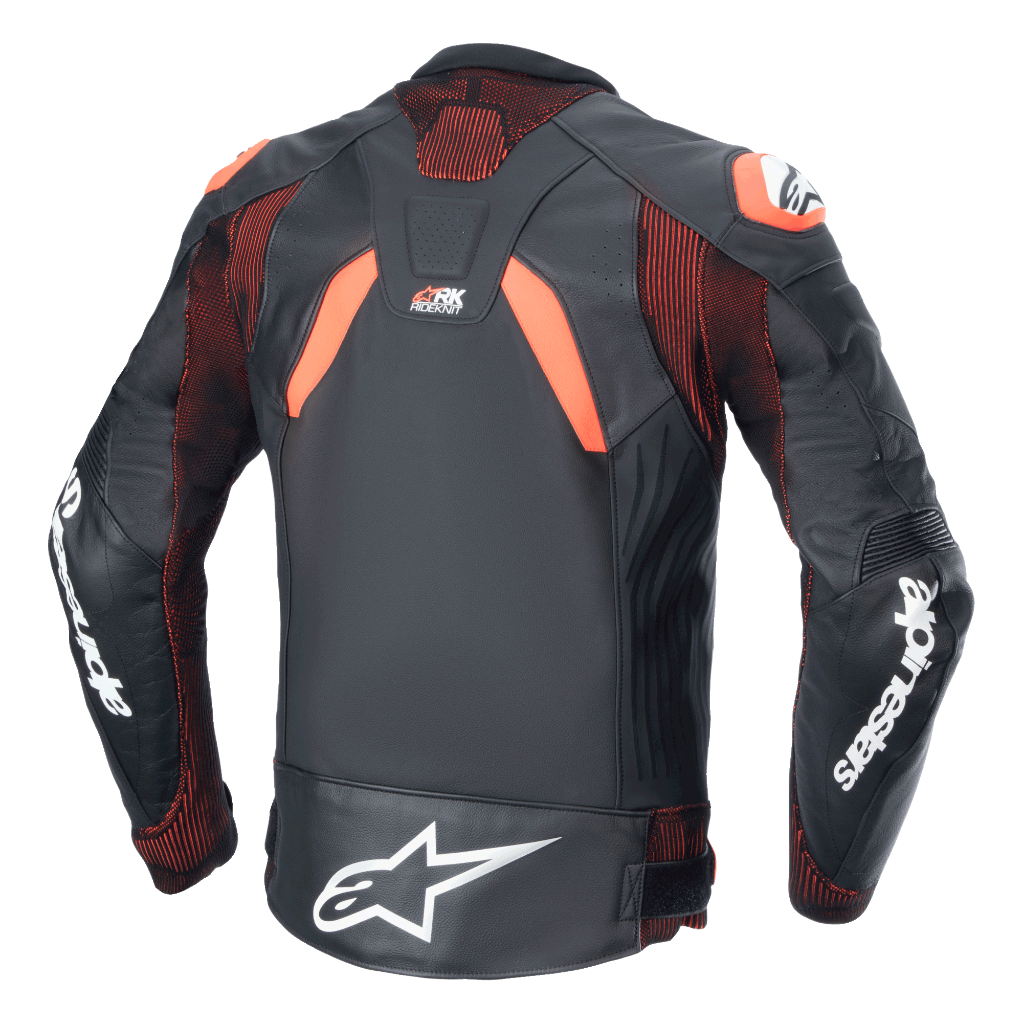 Alpinestars GP Plus R V4 Rideknit Leather Jacket, skórzana kurtka motocyklowa, czarna z czerwonymi fluo i białymi elementami, widok z tyłu, techniczne panele elastyczne RIDEKNIT® i konstrukcja ze skóry premium, białe logo Alpinestars na rękawach i w dolnej części pleców