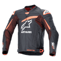 Alpinestars GP Plus R V4 Rideknit, skórzana kurtka motocyklowa, czarno-pomarańczowa z białym logo, perforowana klatka piersiowa i rękawy, pomarańczowe akcenty na ramionach, zapięcie na zamek, regulowane paski w talii, wytrzymała sportowa konstrukcja