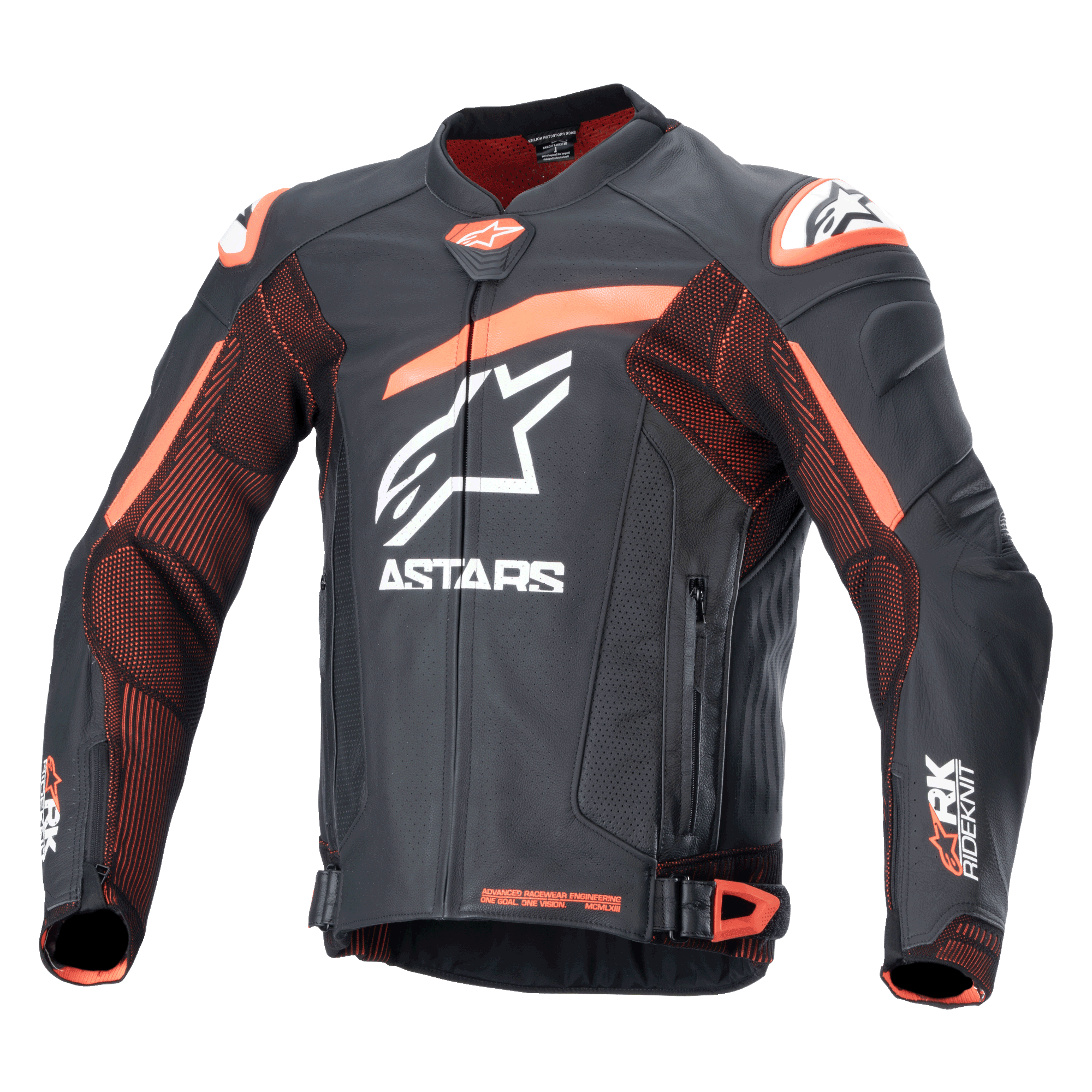 Alpinestars GP Plus R V4 Rideknit, skórzana kurtka motocyklowa, czarno-pomarańczowa z białym logo, perforowana klatka piersiowa i rękawy, pomarańczowe akcenty na ramionach, zapięcie na zamek, regulowane paski w talii, wytrzymała sportowa konstrukcja