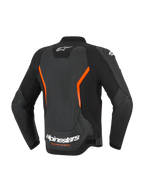 Alpinestars GP Force V2 Air Leather Jacket, widok z tyłu, czarna z czerwonymi elementami fluo, duży perforowany panel na plecach zapewniający przepływ powietrza, białe logo Alpinestars i napis „Racing Ahead” na dole pleców, ergonomiczne profilowane rękawy