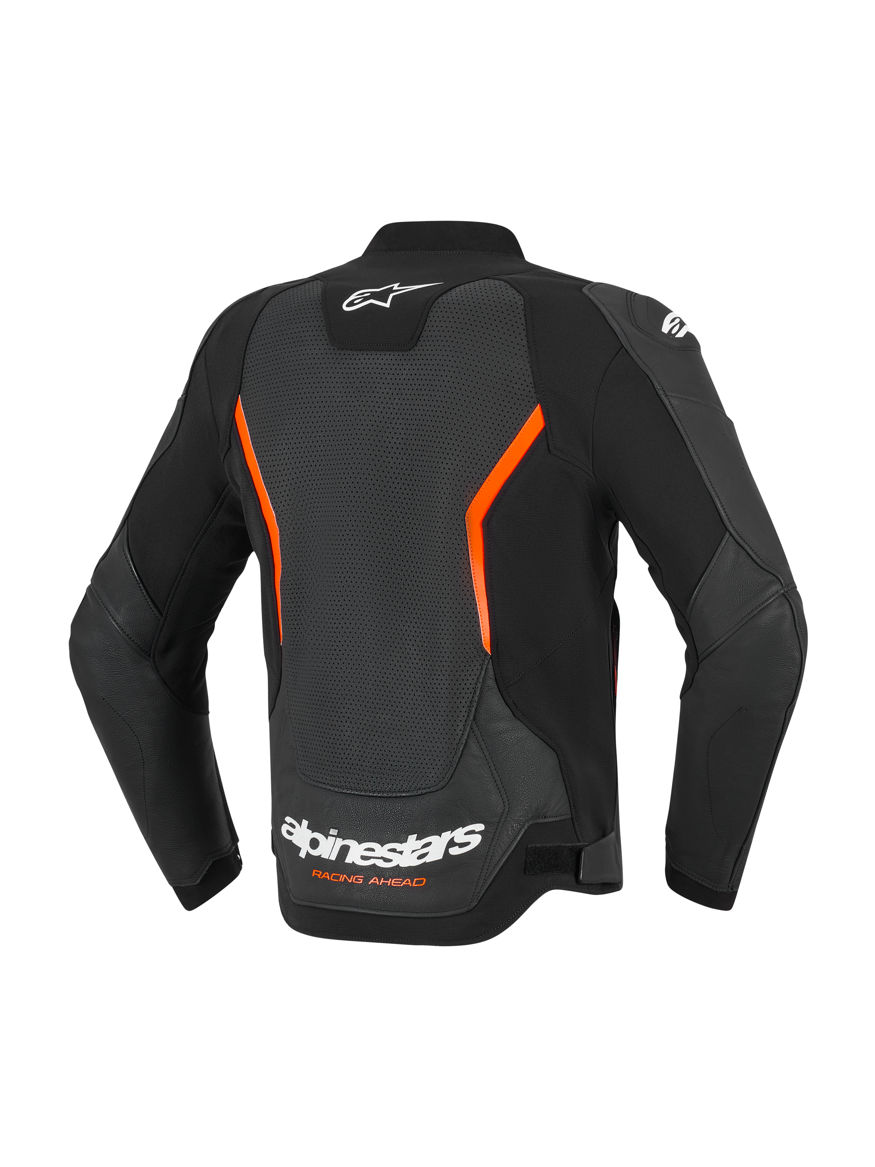 Alpinestars GP Force V2 Air Leather Jacket, widok z tyłu, czarna z czerwonymi elementami fluo, duży perforowany panel na plecach zapewniający przepływ powietrza, białe logo Alpinestars i napis „Racing Ahead” na dole pleców, ergonomiczne profilowane rękawy