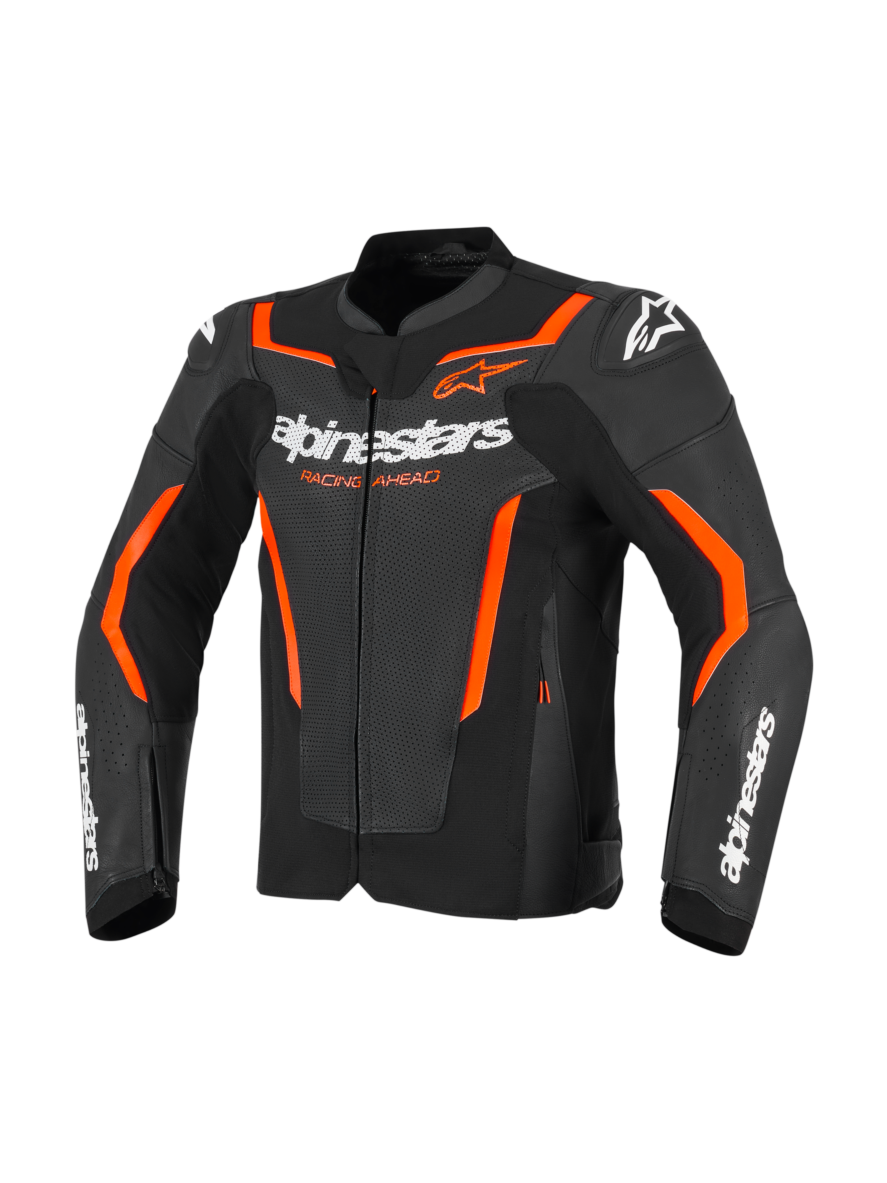 Alpinestars GP Force V2 Air Leather Jacket, czarno-czerwona (Fluo), perforowana skórzana kurtka motocyklowa, białe logo Alpinestars na klatce piersiowej i rękawach, jaskrawopomarańczowe akcenty i zintegrowane ochraniacze ramion, widok z przodu