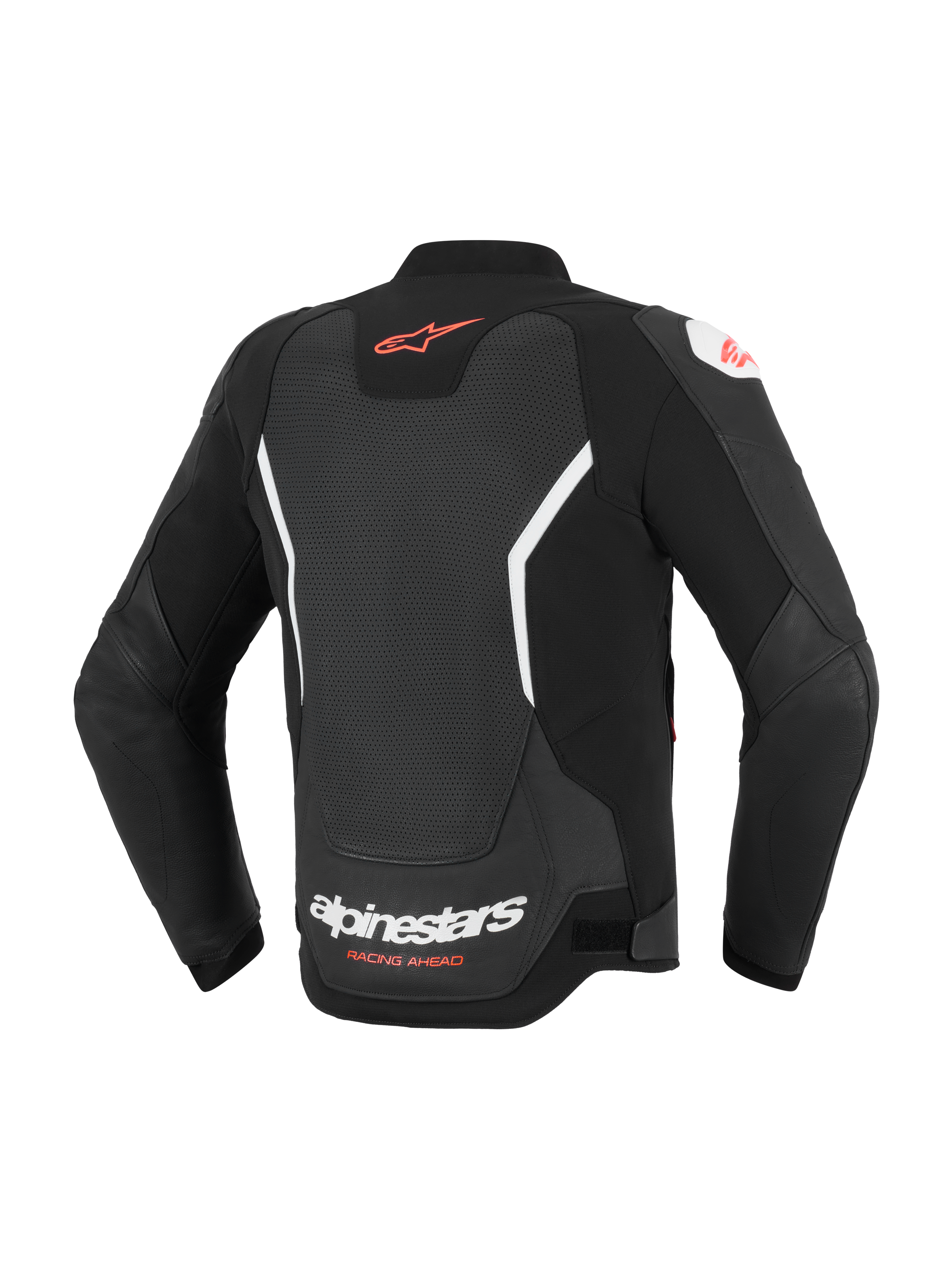 Kurtka skórzana Alpinestars GP Force V2 Air, widok z tyłu, czarno-biała, z rozległym perforowanym panelem na plecach zapewniającym wentylację, czerwonym logo Alpinestars w górnej części pleców i białym brandingiem w dolnej części, wykonana z najwyższej jakości skóry bydlęcej do jazdy sportowej