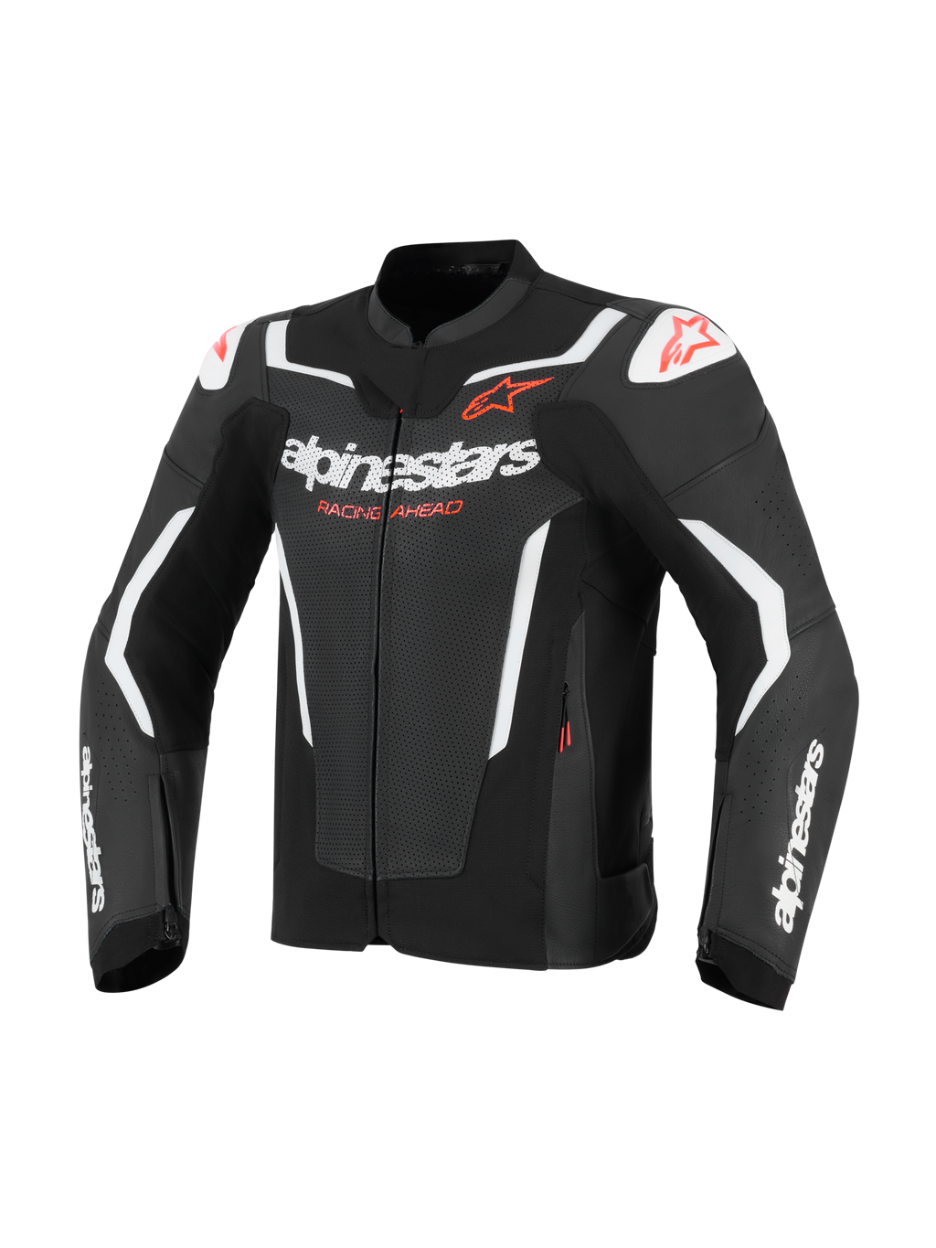 Skórzana kurtka motocyklowa Alpinestars GP Force V2 Air, czarno-biała z czerwonymi akcentami, z perforowanymi panelami skórzanymi zapewniającymi przepływ powietrza, białe logo Alpinestars i napis „Racing Ahead”, slidery ramion DFS, sportowy design wyścigowy