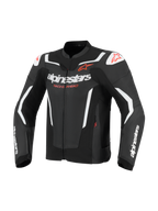 Skórzana kurtka motocyklowa Alpinestars GP Force V2 Air, czarno-biała z czerwonymi akcentami, z perforowanymi panelami skórzanymi zapewniającymi przepływ powietrza, białe logo Alpinestars i napis „Racing Ahead”, slidery ramion DFS, sportowy design wyścigowy