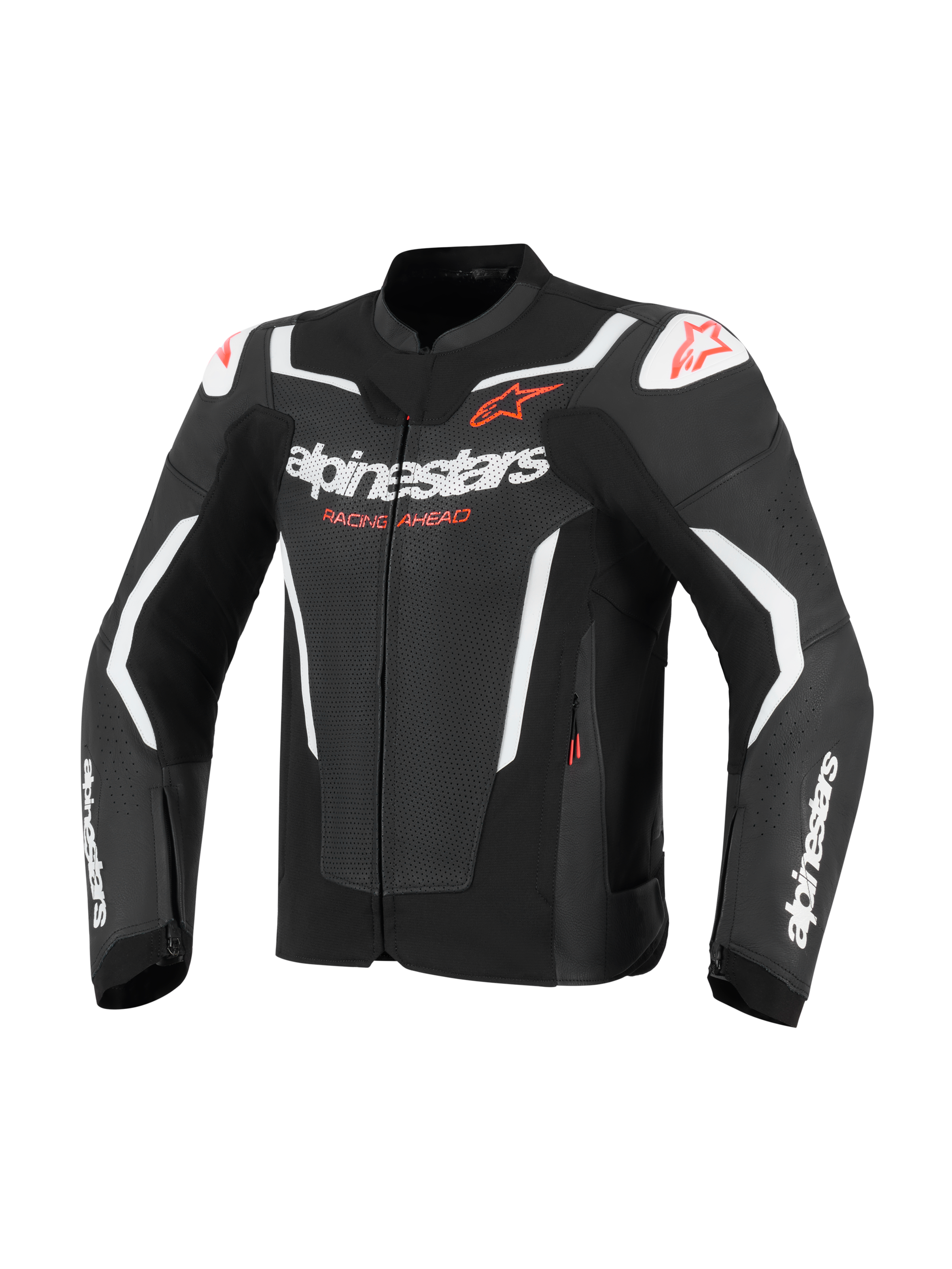 Skórzana kurtka motocyklowa Alpinestars GP Force V2 Air, czarno-biała z czerwonymi akcentami, z perforowanymi panelami skórzanymi zapewniającymi przepływ powietrza, białe logo Alpinestars i napis „Racing Ahead”, slidery ramion DFS, sportowy design wyścigowy