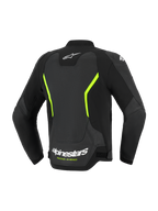 Skórzana kurtka motocyklowa Alpinestars GP Force V2 Air, drogowa, czarna i żółta fluo, widok z tyłu prezentujący duże panele z perforowanej skóry, białe logo Alpinestars, jaskrawożółte akcenty i sportowy krój