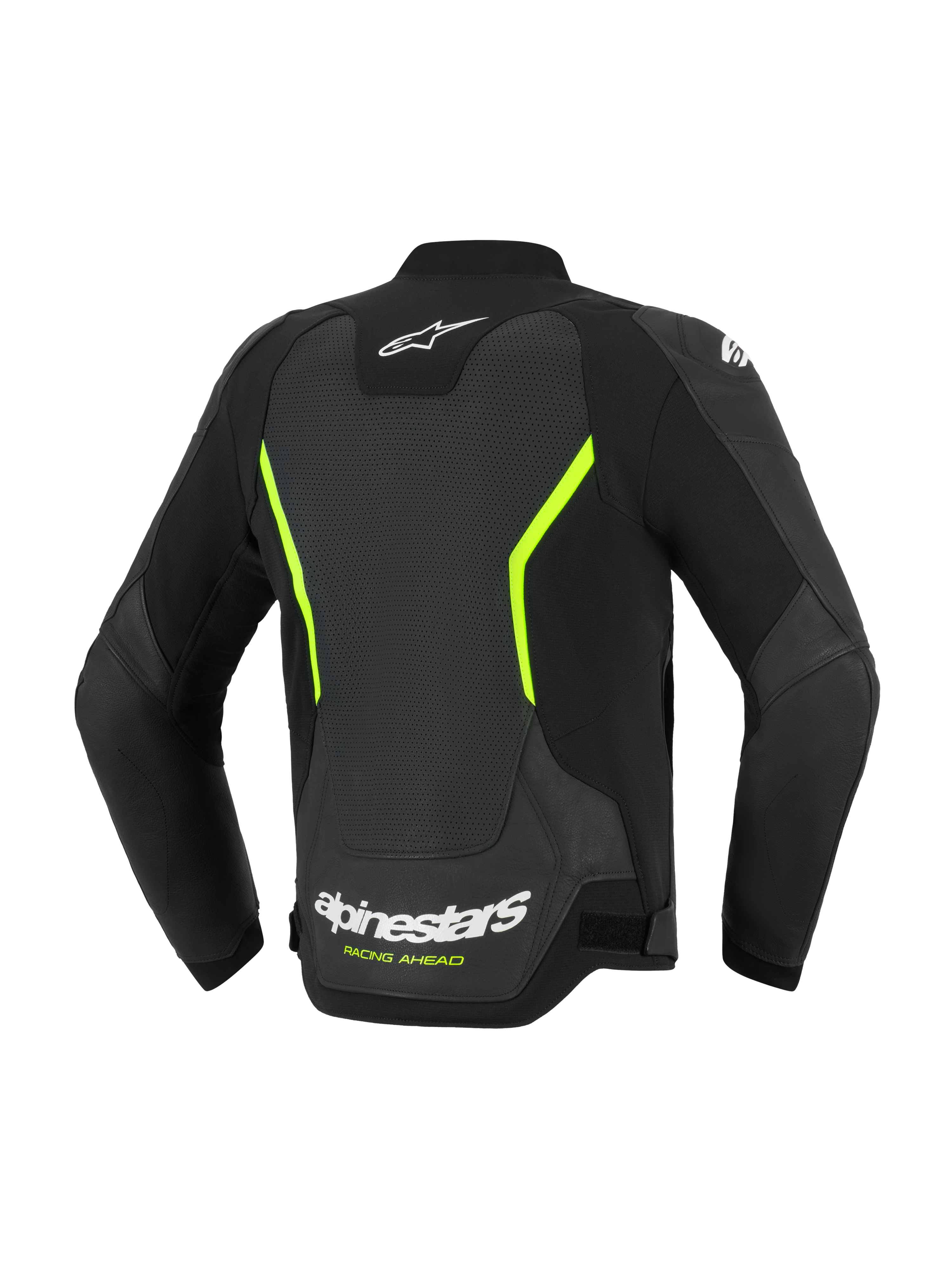 Skórzana kurtka motocyklowa Alpinestars GP Force V2 Air, drogowa, czarna i żółta fluo, widok z tyłu prezentujący duże panele z perforowanej skóry, białe logo Alpinestars, jaskrawożółte akcenty i sportowy krój