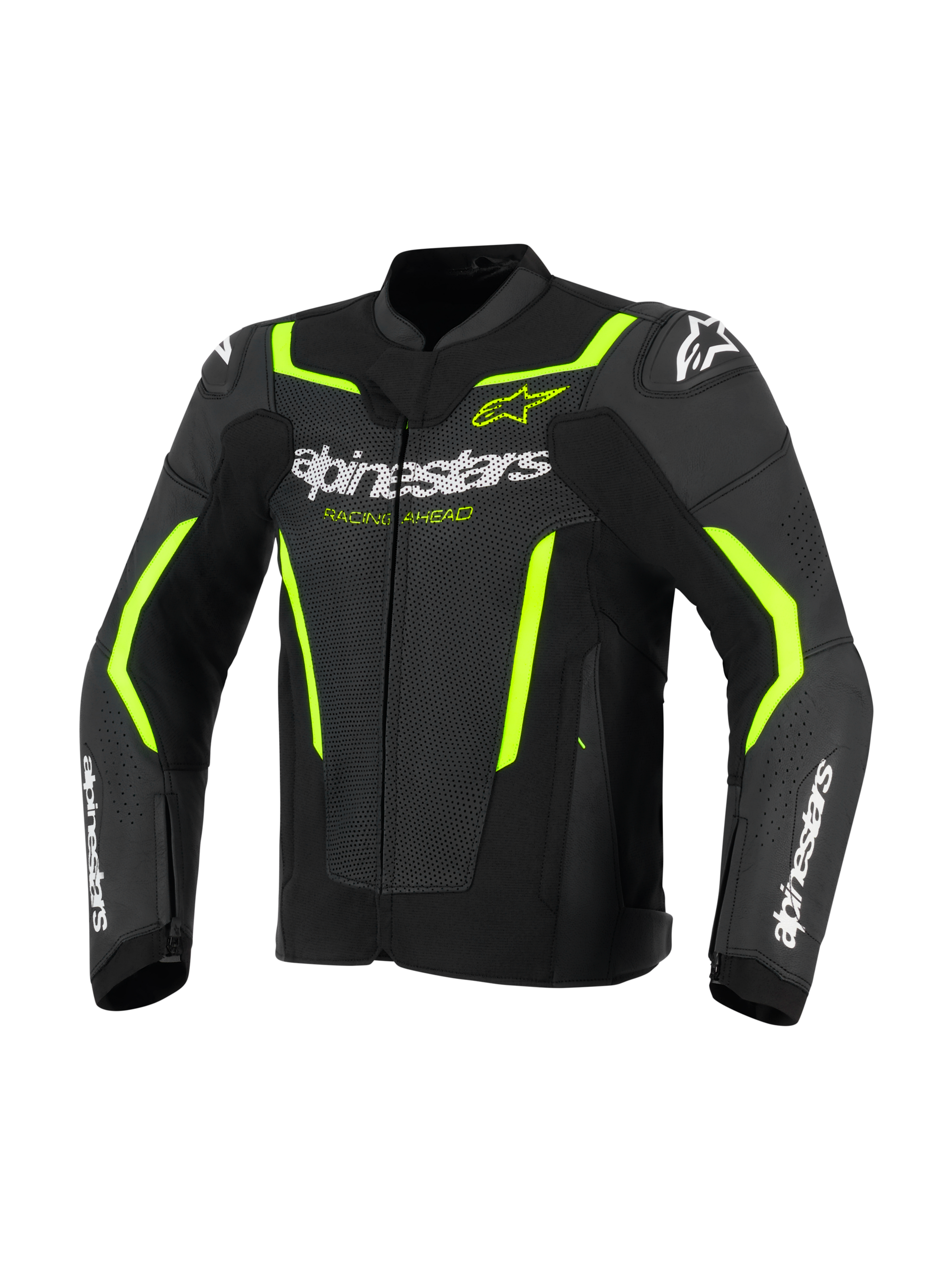 Alpinestars GP Force V2 Air Leather Jacket, skórzana kurtka motocyklowa, czarna z żółtymi akcentami fluo, z perforowanymi panelami skórzanymi zapewniającymi przepływ powietrza, wyraźnym białym logo Alpinestars na klatce piersiowej i przedramionach oraz fluorescencyjnymi żółtymi detalami na ramionach i rękawach nadającymi sportowy wygląd.