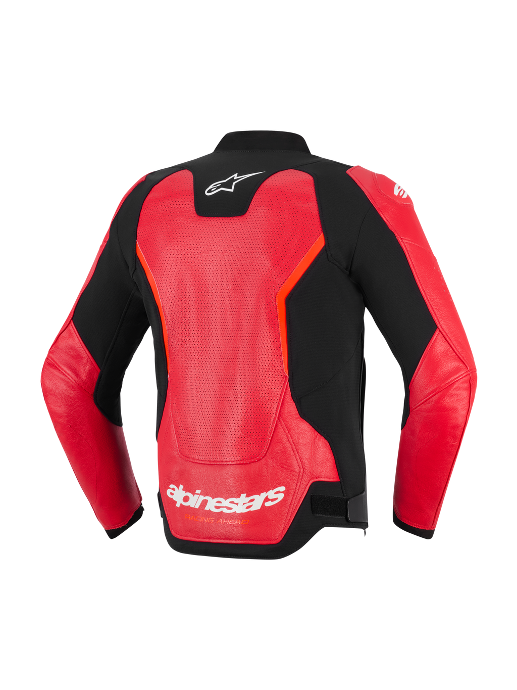 Skórzana kurtka Alpinestars GP Force V2 Air, widok z tyłu, czerwono-czarna, wyposażona w duży perforowany panel skórzany dla wentylacji, białe logo Alpinestars na karku i w dolnej części pleców, nowoczesny sportowy design do jazdy szosowej